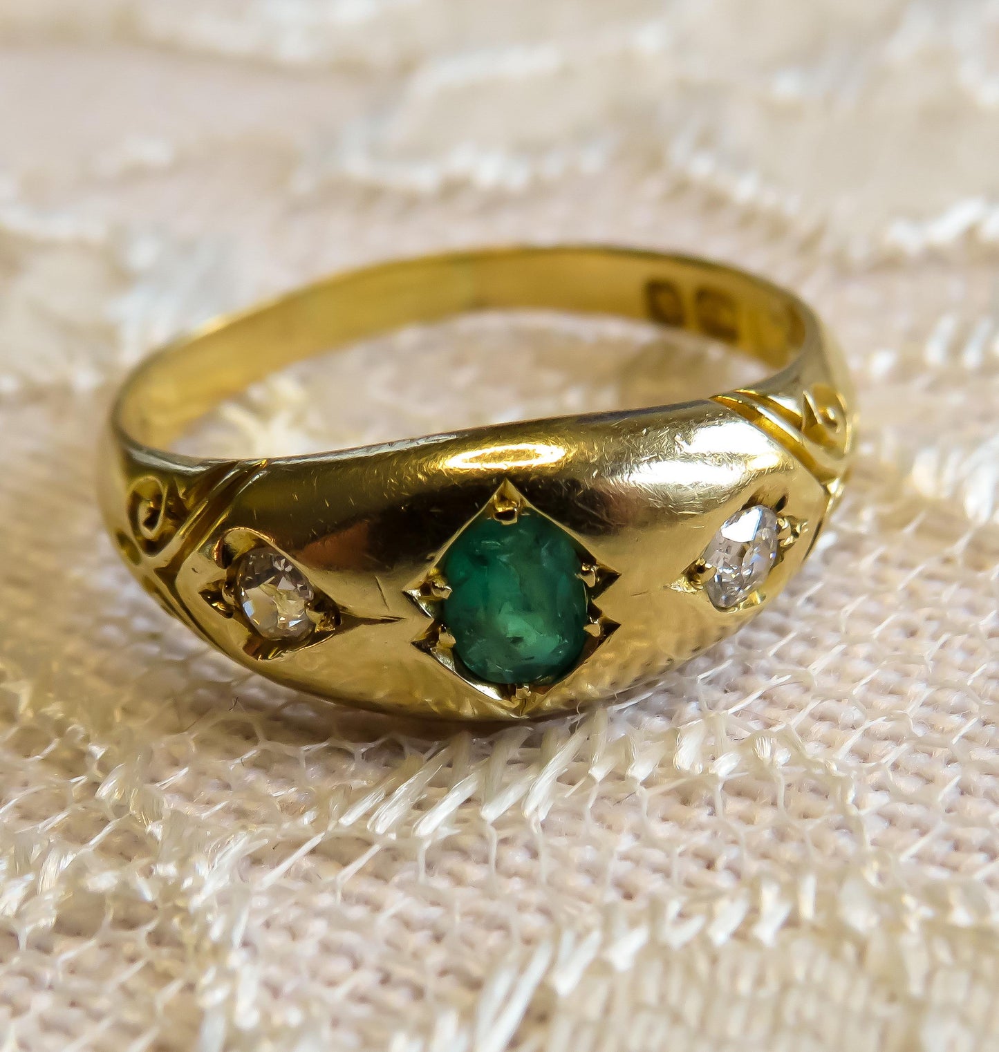 Flush Set Emerald and Old Mine Diamond Ring in 18K Gold