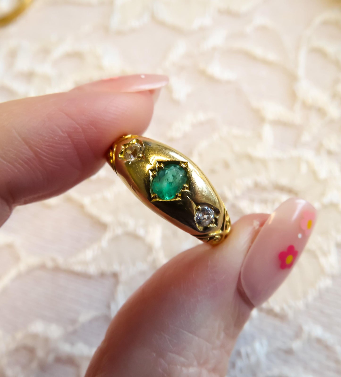 Flush Set Emerald and Old Mine Diamond Ring in 18K Gold