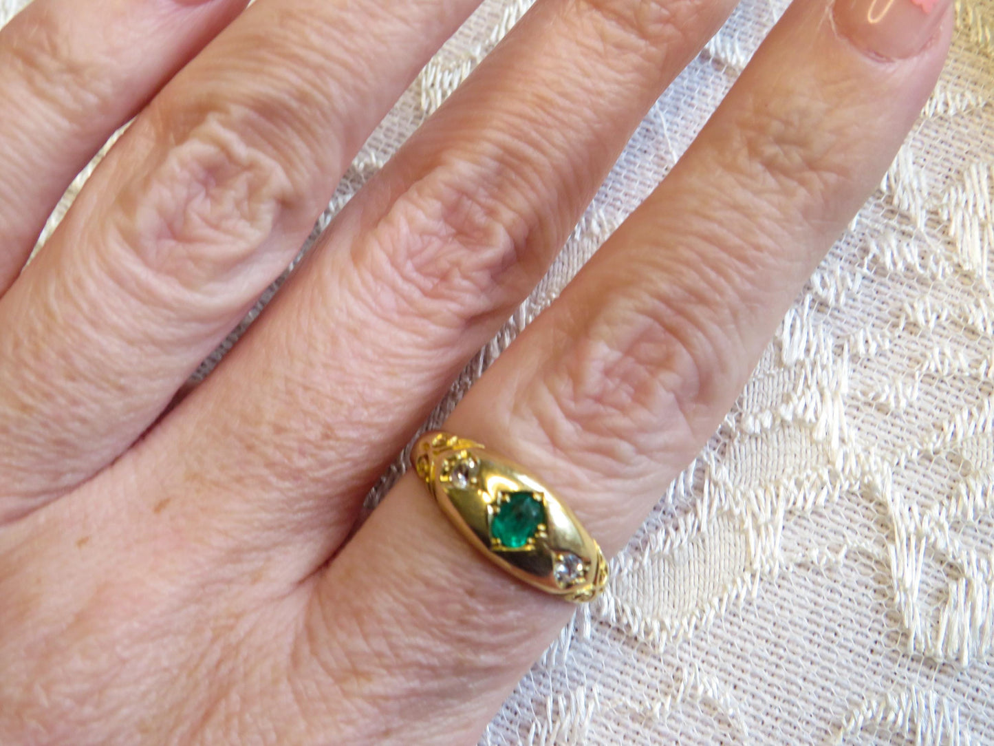 Flush Set Emerald and Old Mine Diamond Ring in 18K Gold