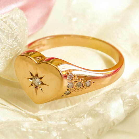14K Rose Gold Heart Signet Ring | Diamond Star Ring | Vintage Style | Love Token Jewelry | Size 6 | 3.33g | Romantic Gift