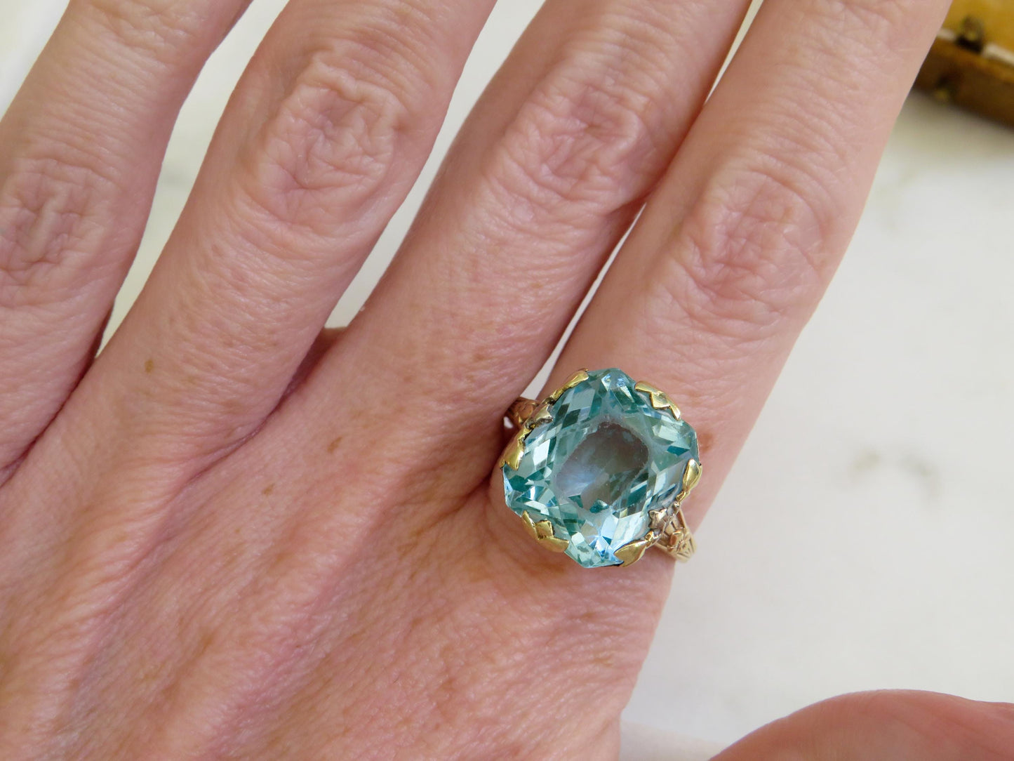 1920s Art Deco Ring | Synthetic Blue Spinel | 10K Tri-Tone Gold Floral Setting | Size 9