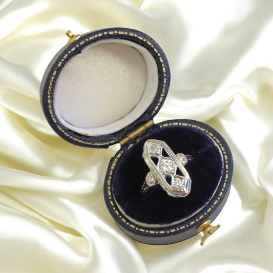 Art Deco Shield Ring | Old Mine Cut Diamond Ring | 18K White Gold | Vintage Engagement Ring | Size 3