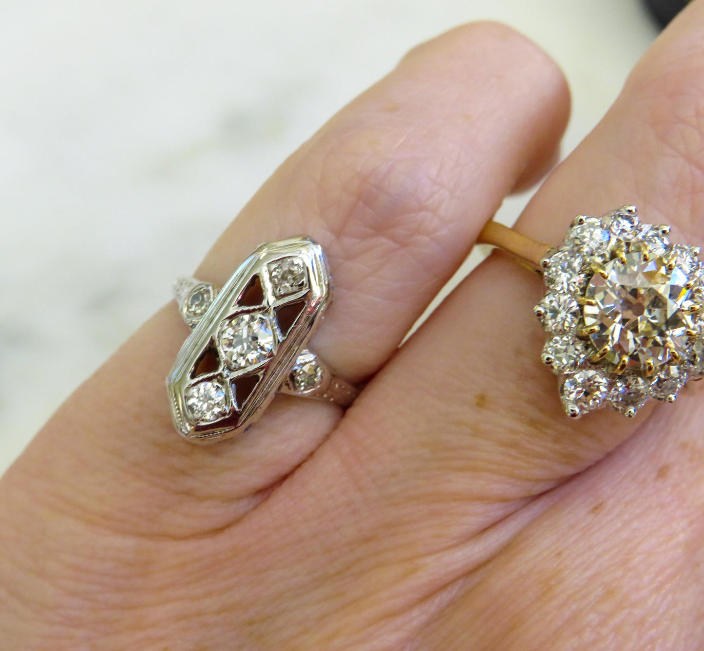 Art Deco Shield Ring | Old Mine Cut Diamond Ring | 18K White Gold | Vintage Engagement Ring | Size 3