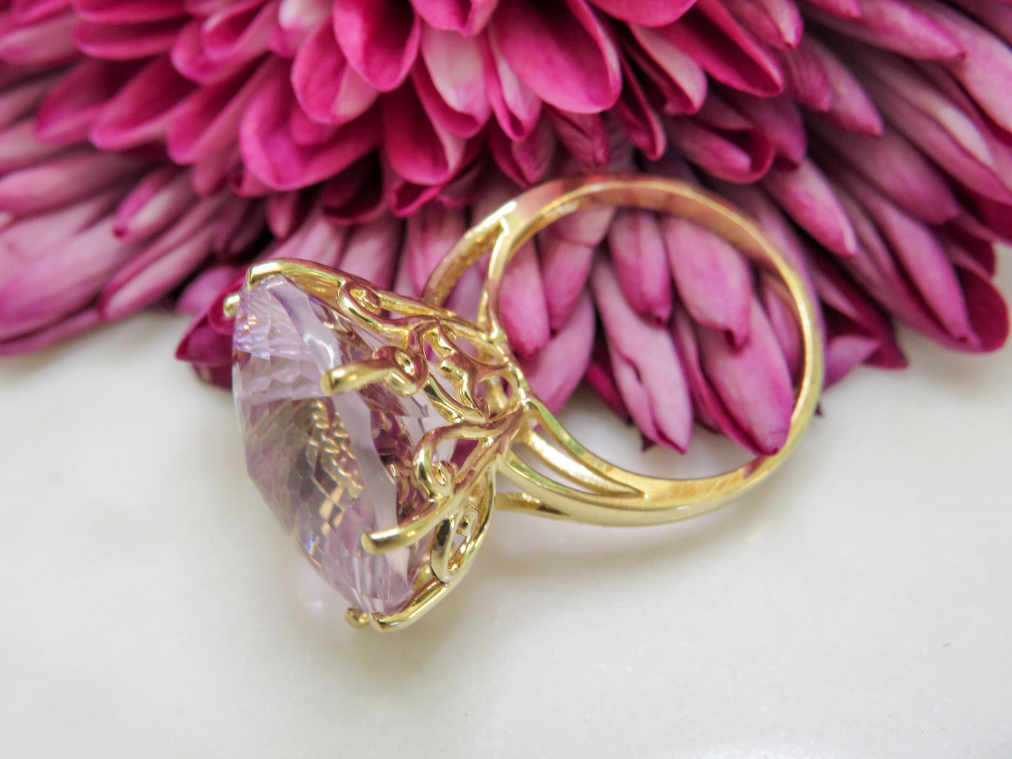 Ethereal Vintage Kunzite Ring in 10K Gold | Kaleidoscope Cut | Clyde Duneier Statement Ring