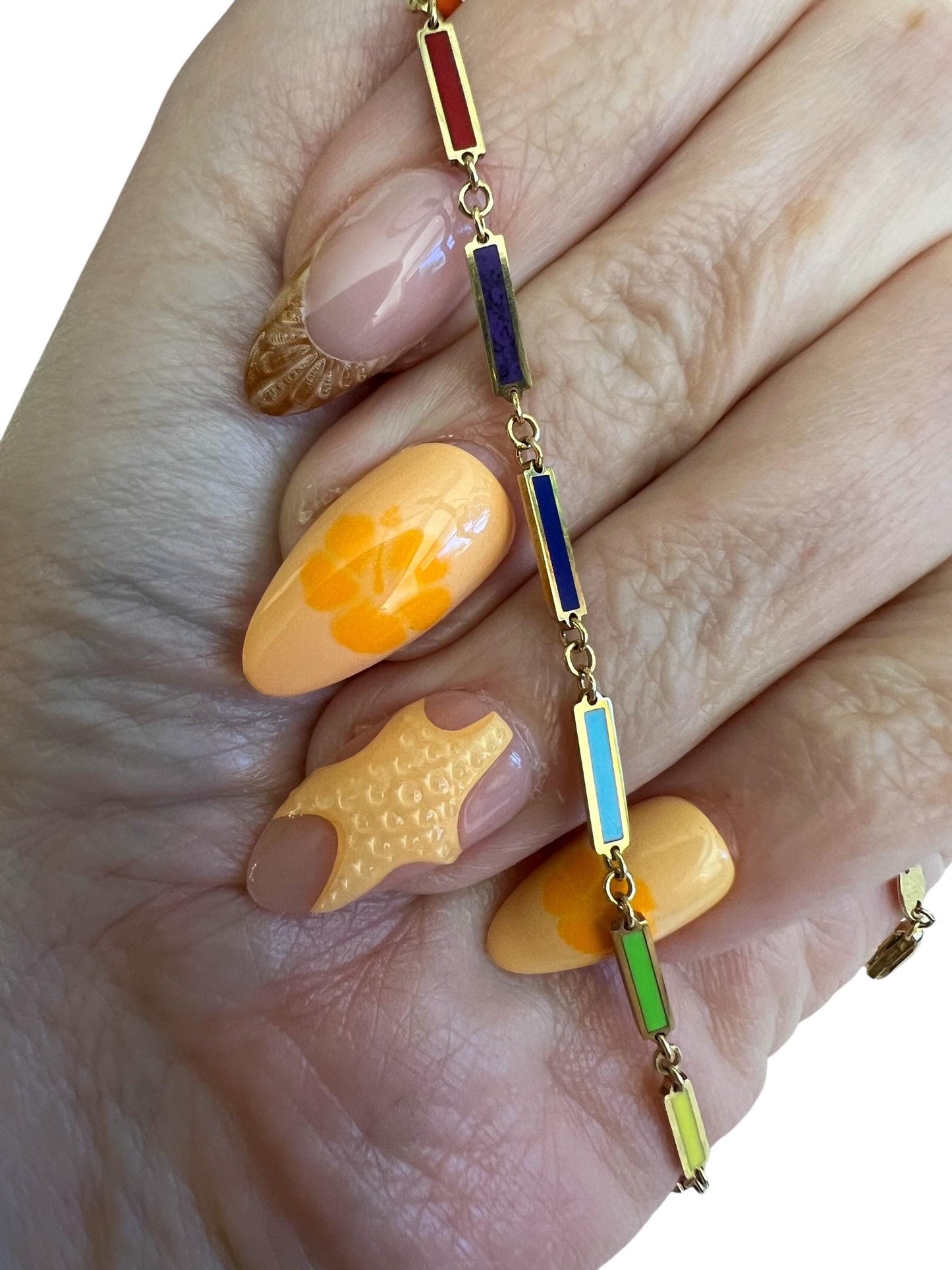 Color Pop Perfection  14K Gold Enamel Bar Anklet, 9 Modern Estate Jewelry