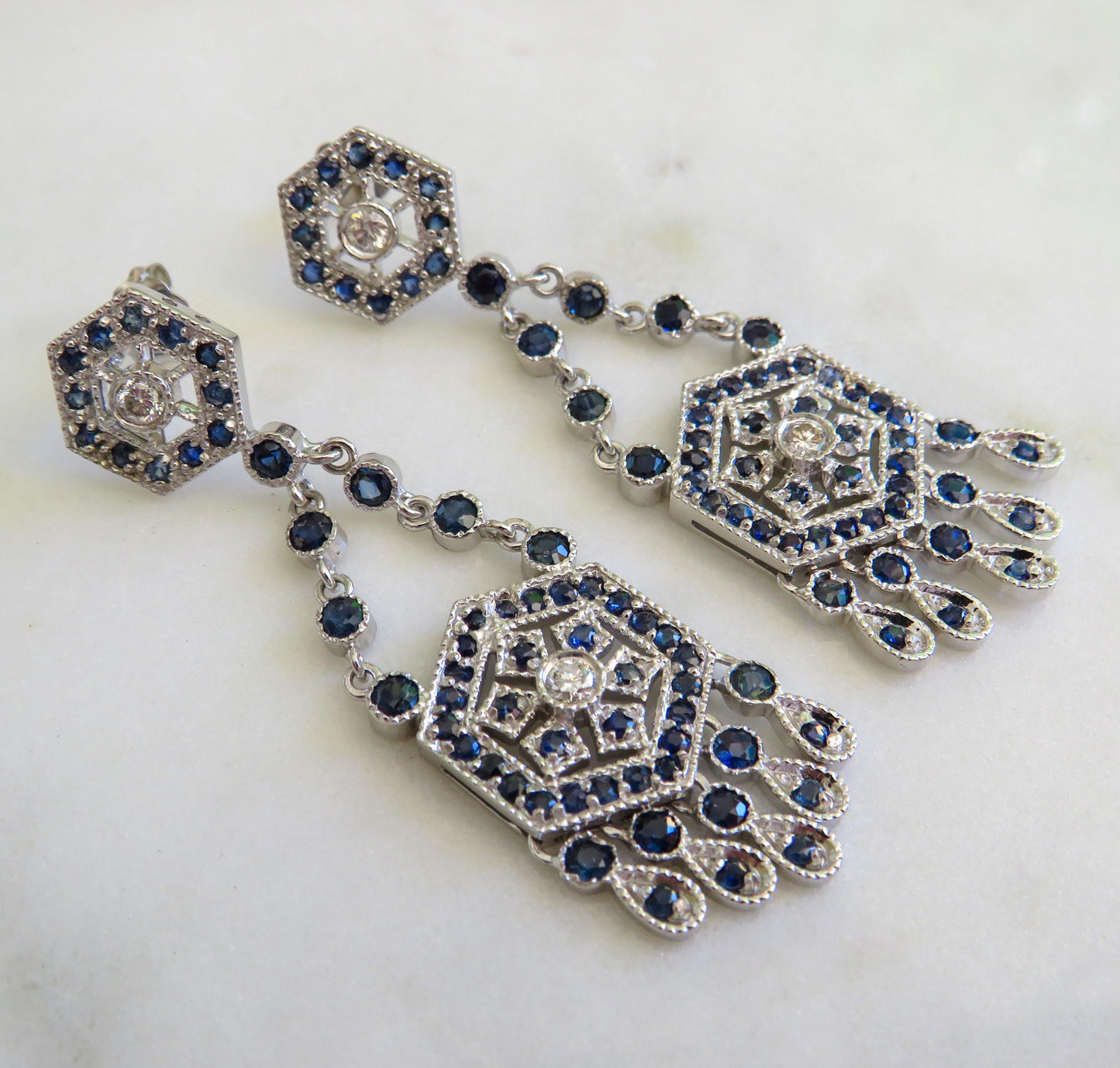 Art Deco Revival Diamond & Sapphire Drop Earrings in 14K White Gold  2 Long Statement Earrings