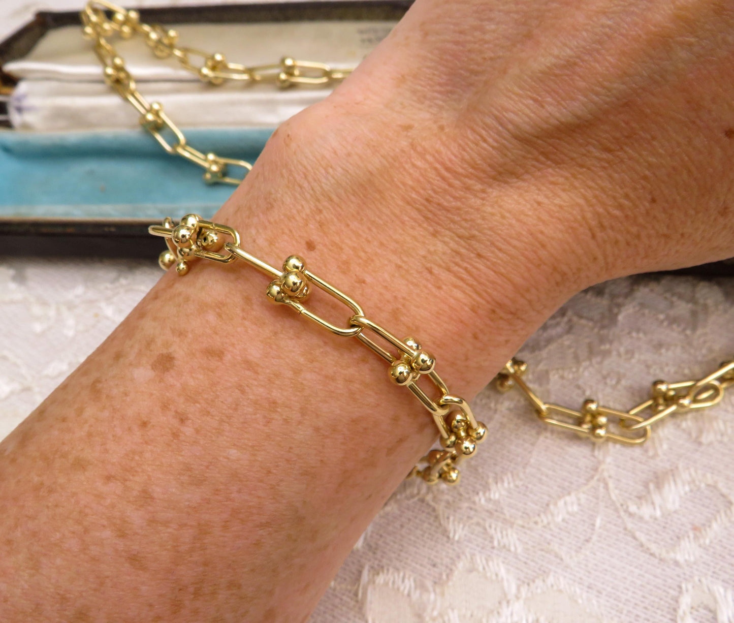 14K Yellow Gold Necklace & Bracelet Set  Matching Hardware Link Design  Hidden Clasp