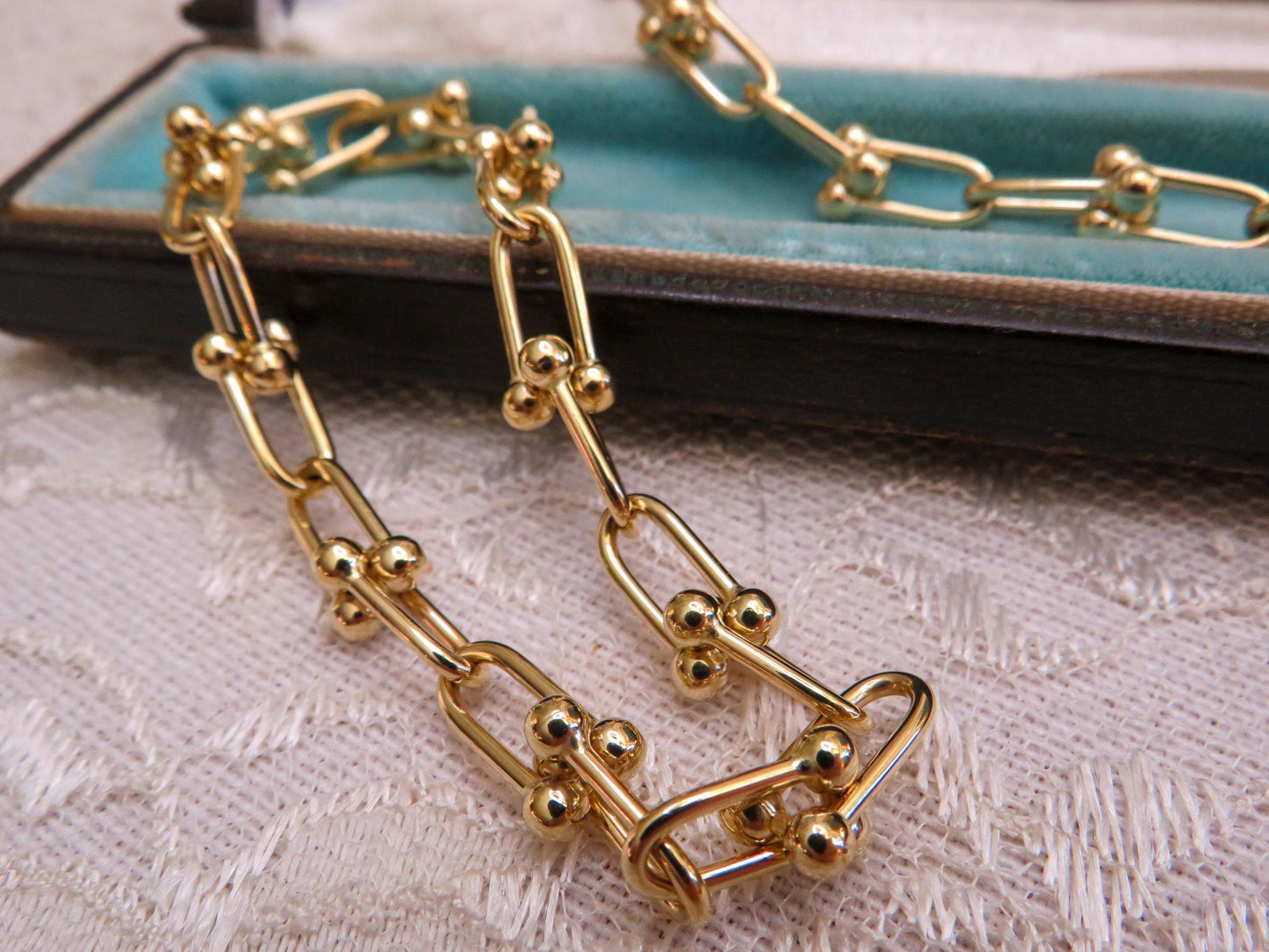 14K Yellow Gold Necklace & Bracelet Set  Matching Hardware Link Design  Hidden Clasp