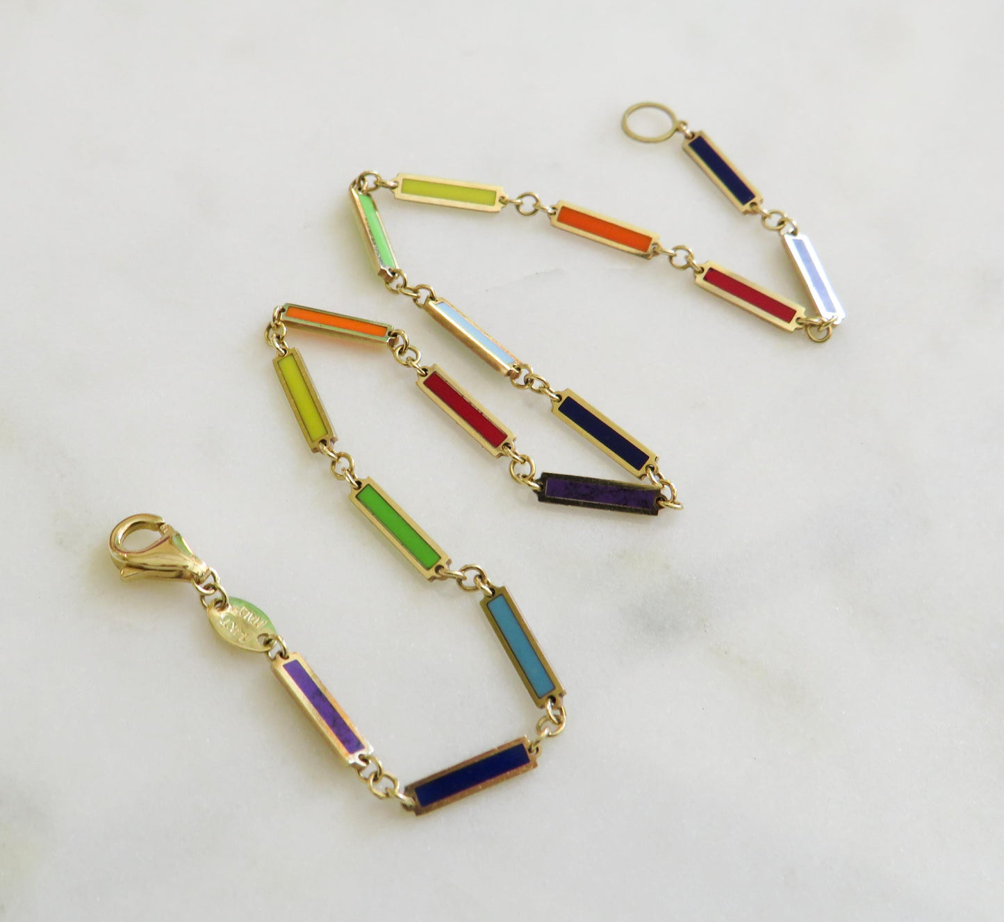 Color Pop Perfection  14K Gold Enamel Bar Anklet, 9 Modern Estate Jewelry
