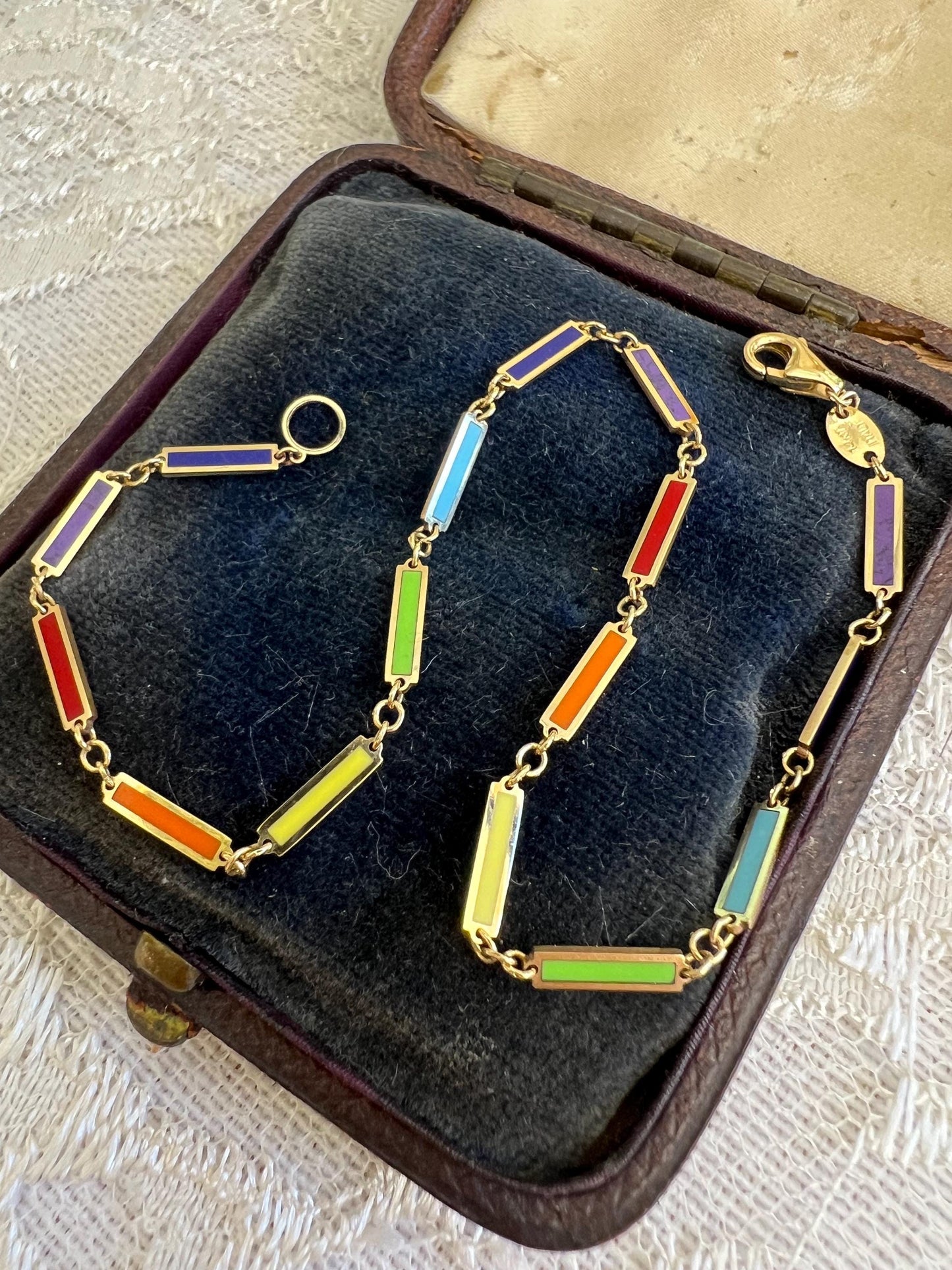 Color Pop Perfection  14K Gold Enamel Bar Anklet, 9 Modern Estate Jewelry
