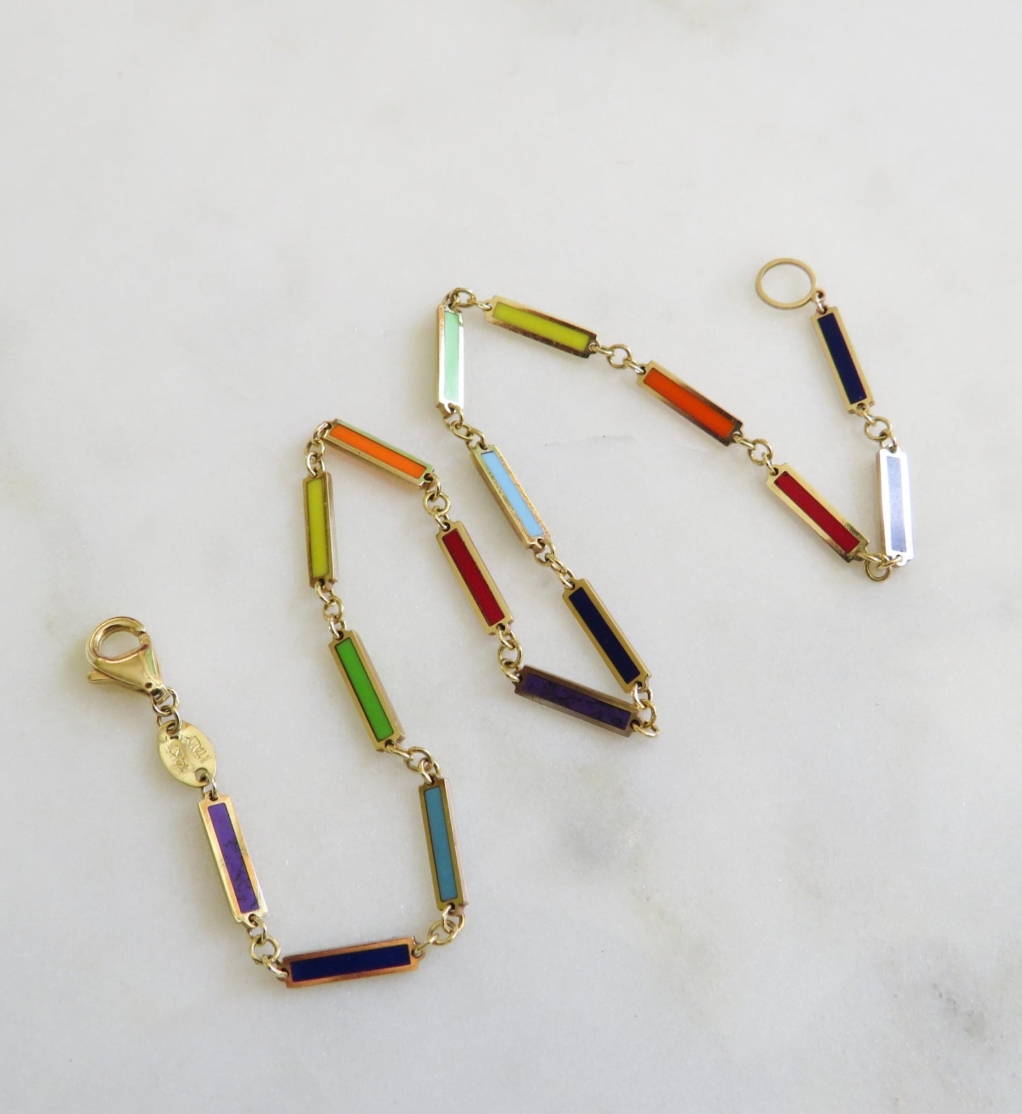 Color Pop Perfection  14K Gold Enamel Bar Anklet, 9 Modern Estate Jewelry