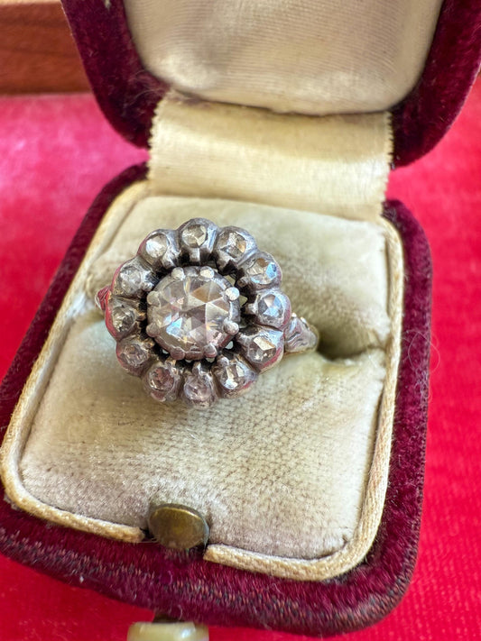 Rose Cut Diamond Daisy Ring | Silver-Topped 15K Gold | Georgian Era Foil-Backed Diamonds | Size 5