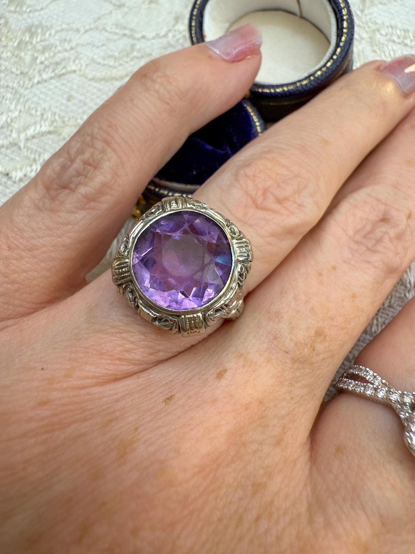 1920s Art Deco Amethyst Ring  14K White Gold  Size 6