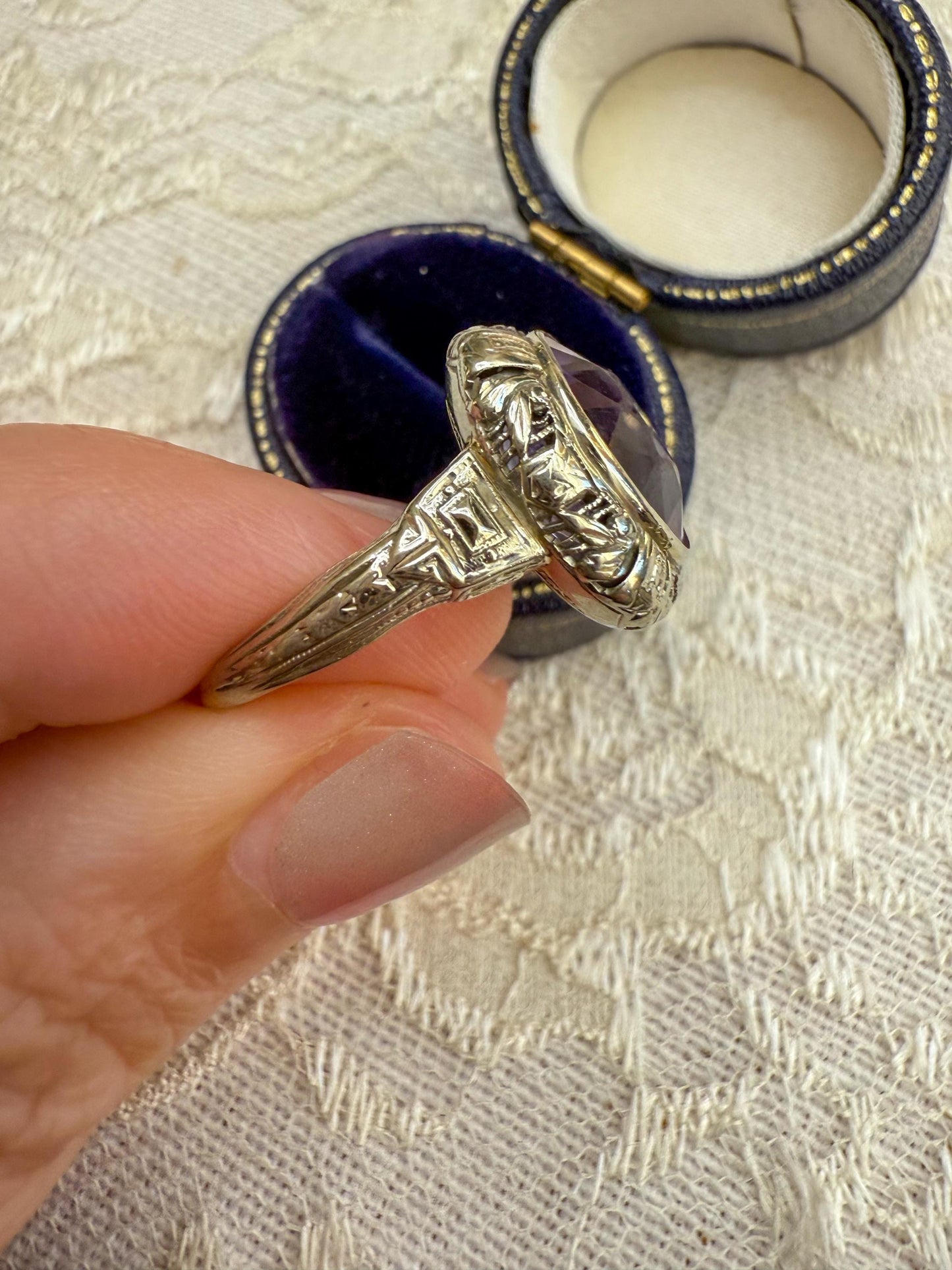 1920s Art Deco Amethyst Ring  14K White Gold  Size 6