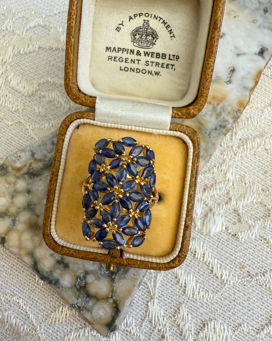Vintage Sapphire Cocktail Ring in 14K Yellow Gold  Marquise-Cut Floral Cluster Design, Bold and Elegant