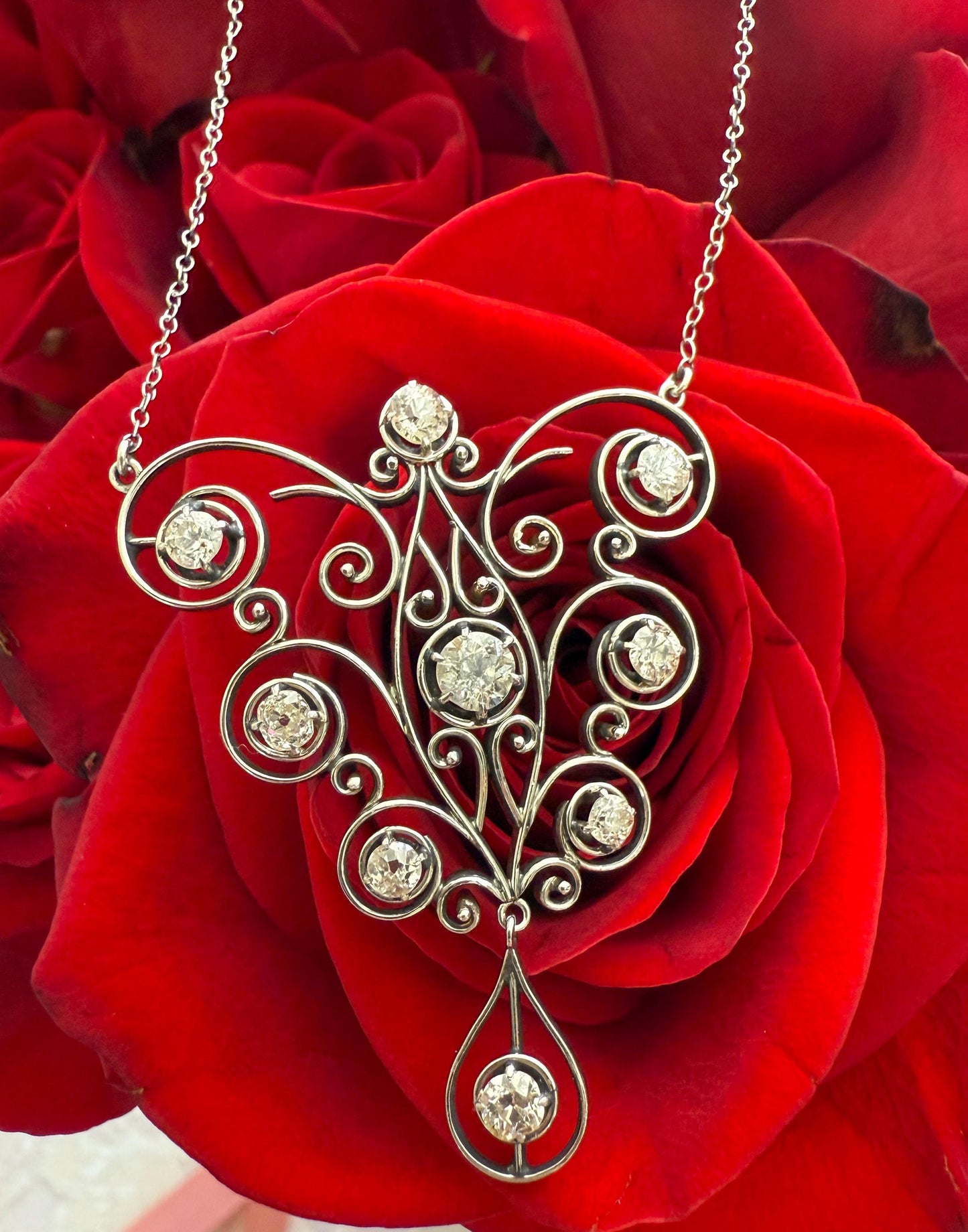 Edwardian Platinum Diamond Necklace | 2ct Old Mine & European Cuts | Antique Filigree Pendant