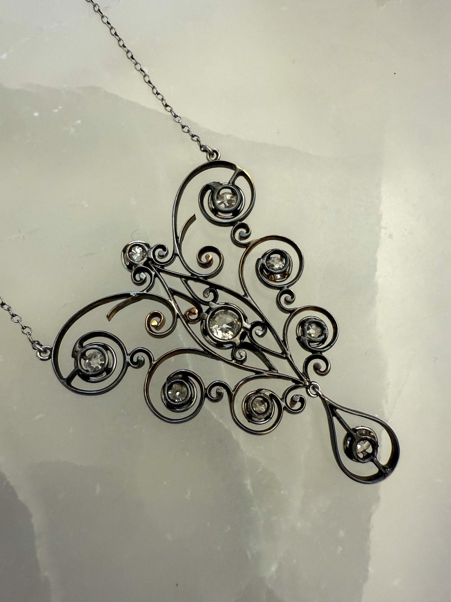 Edwardian Platinum Diamond Necklace | 2ct Old Mine & European Cuts | Antique Filigree Pendant