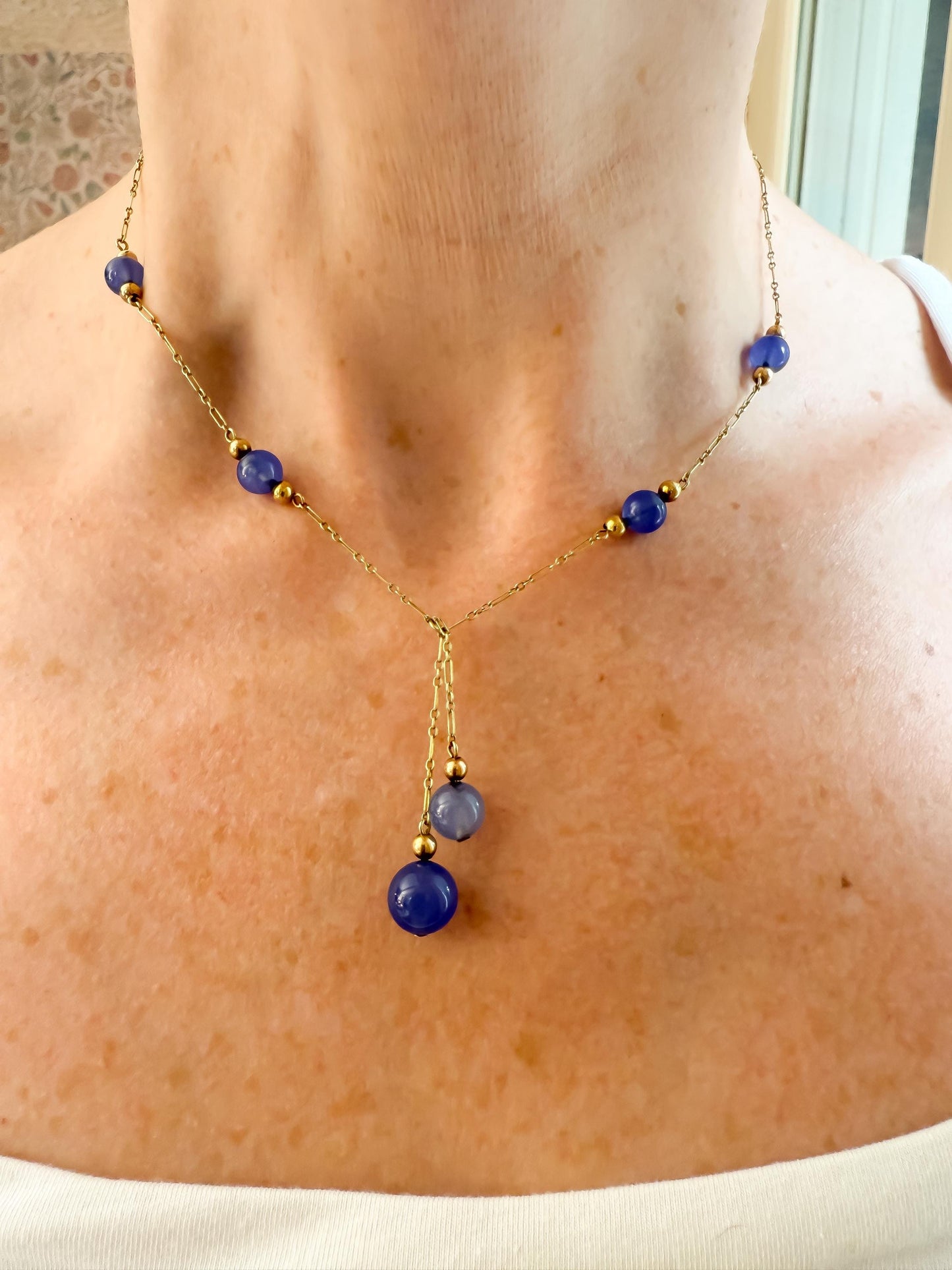 Vintage 14K Gold Necklace with Cascading Natural Blue Gemstones