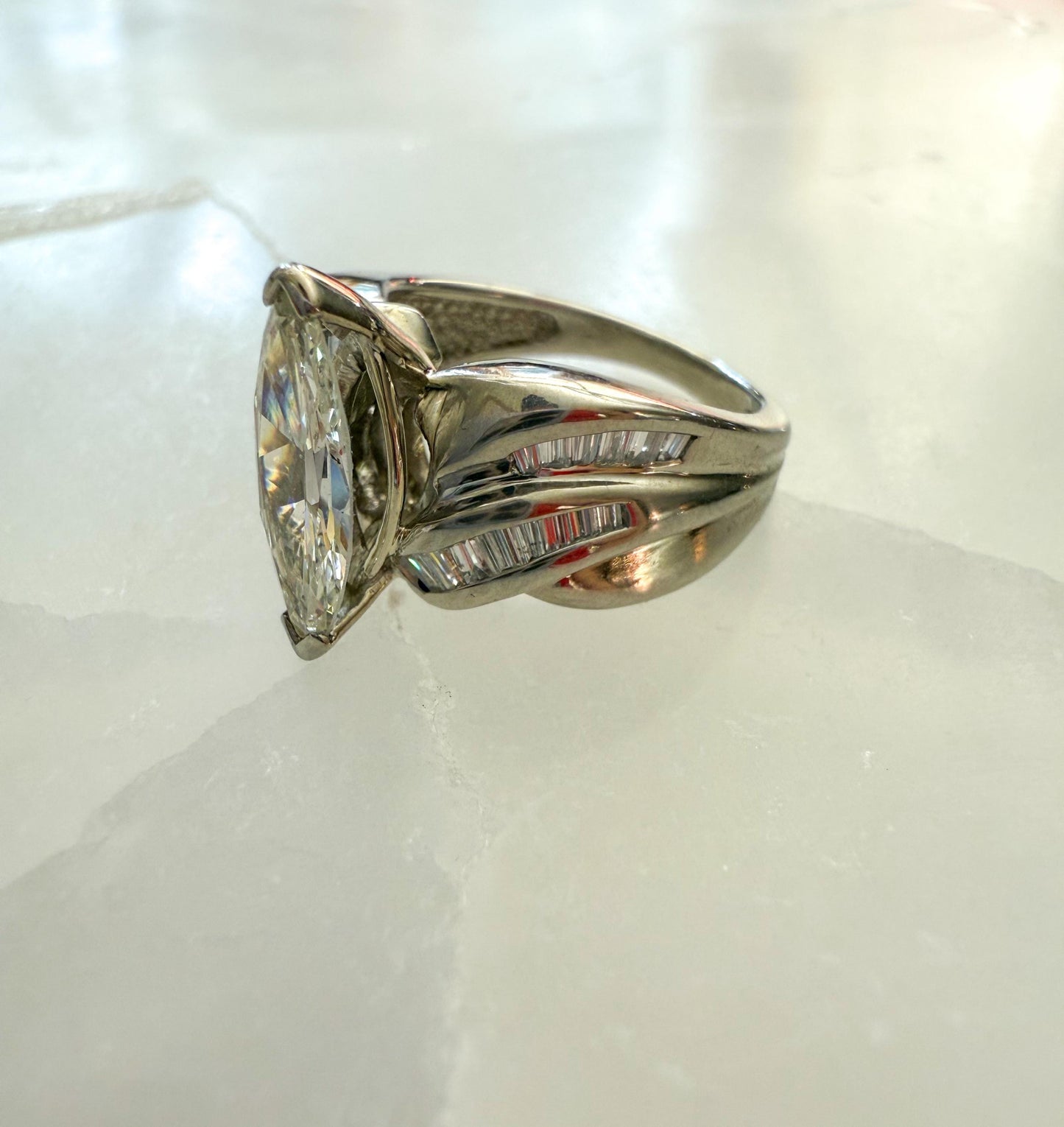 Unique Vintage Platinum Engagement Ring | Marquise Cut Diamond & Baguettes | GIA Certified