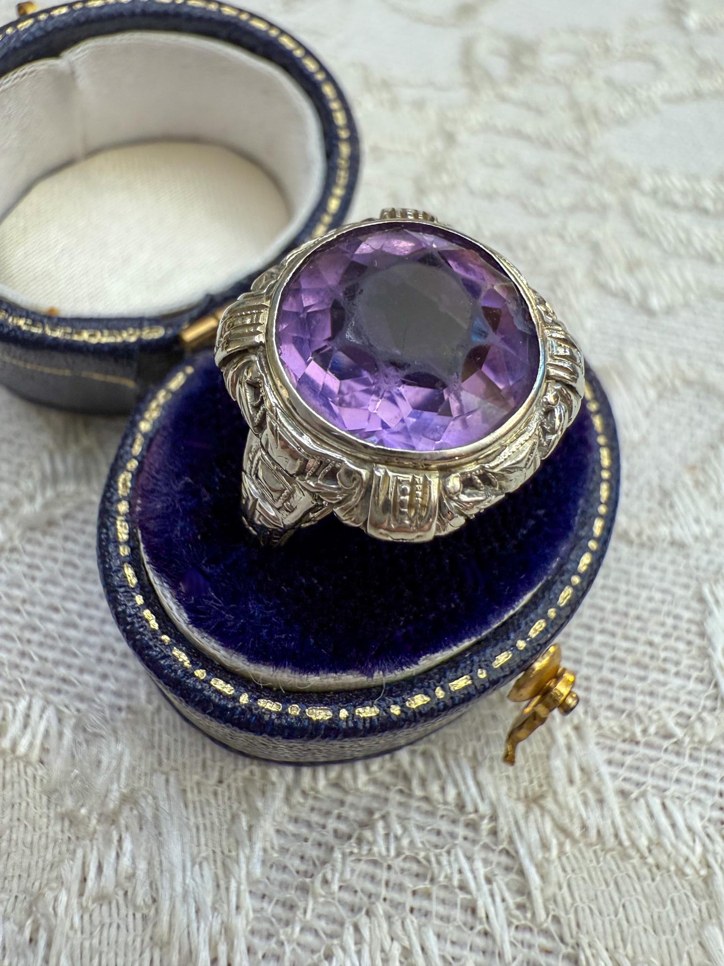 1920s Art Deco Amethyst Ring  14K White Gold  Size 6
