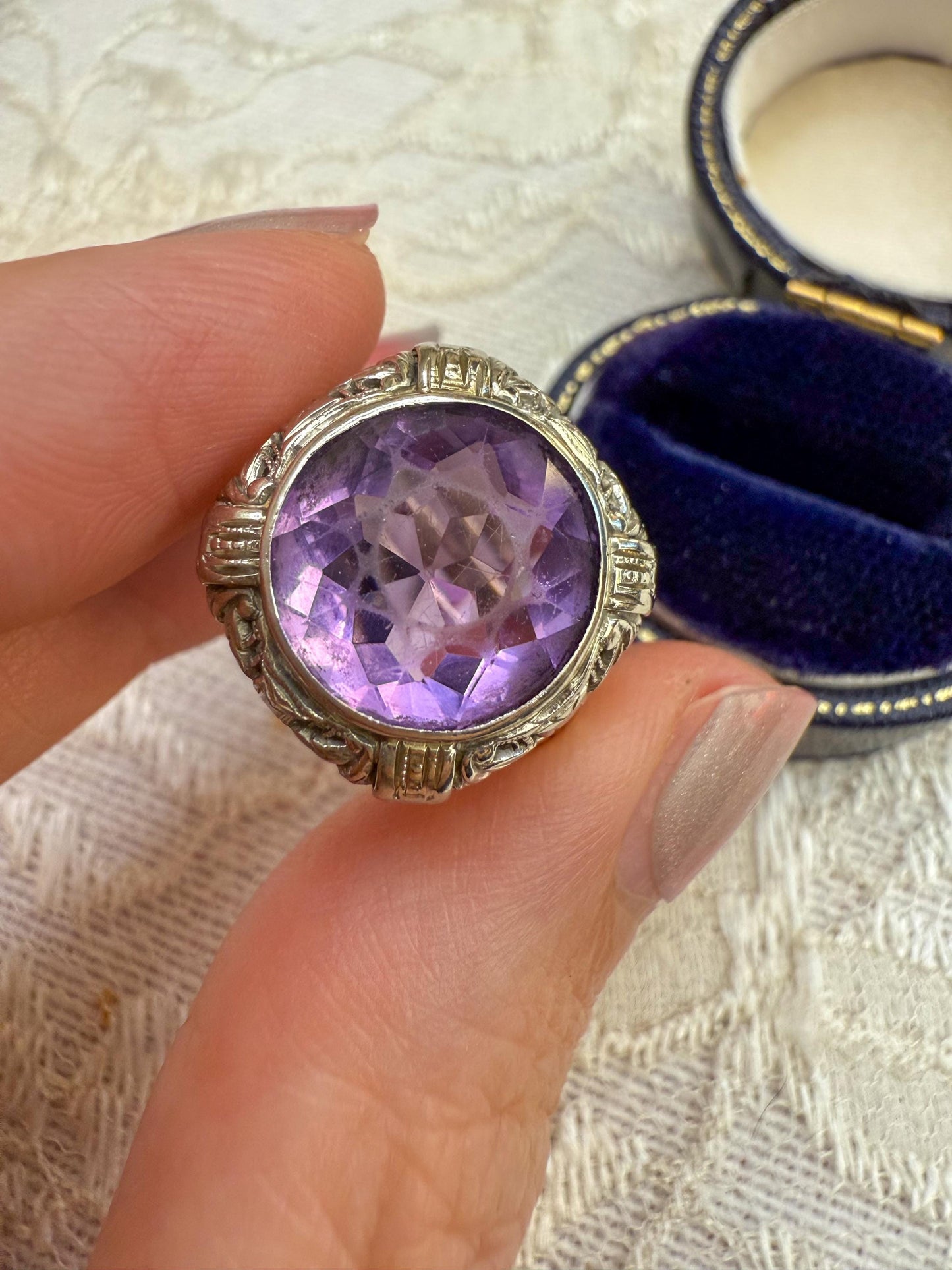 1920s Art Deco Amethyst Ring  14K White Gold  Size 6