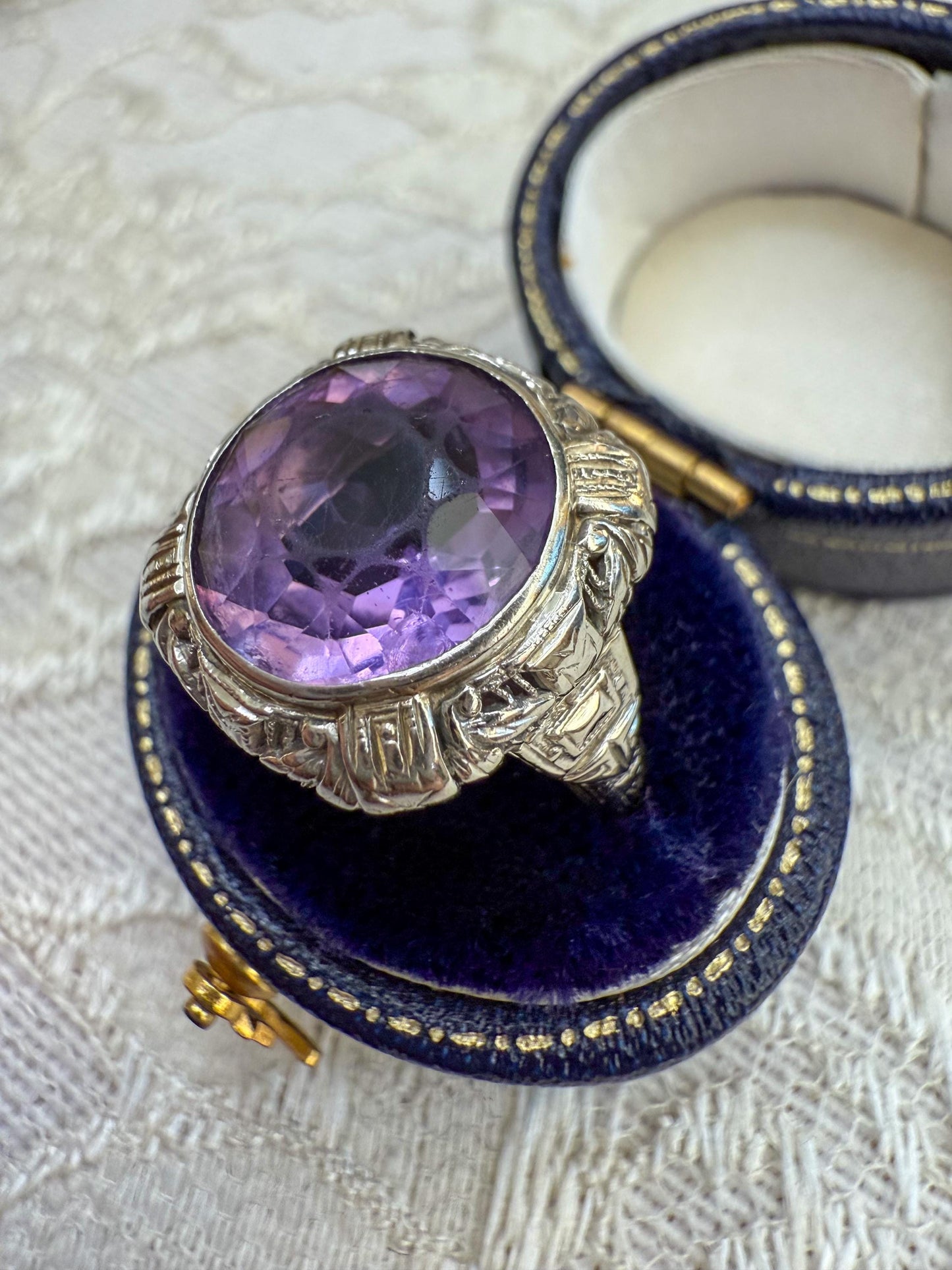 1920s Art Deco Amethyst Ring  14K White Gold  Size 6