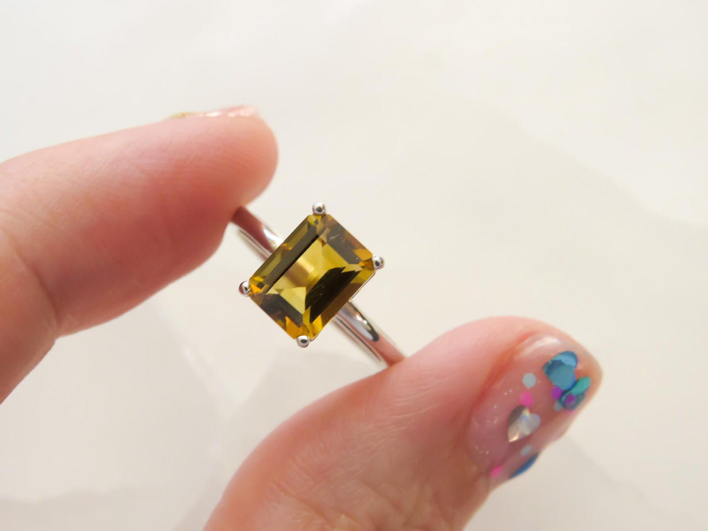 Emerald-Cut Citrine Ring in 14K White Gold  1.5 Carats, Size 6  Warm Golden Gem