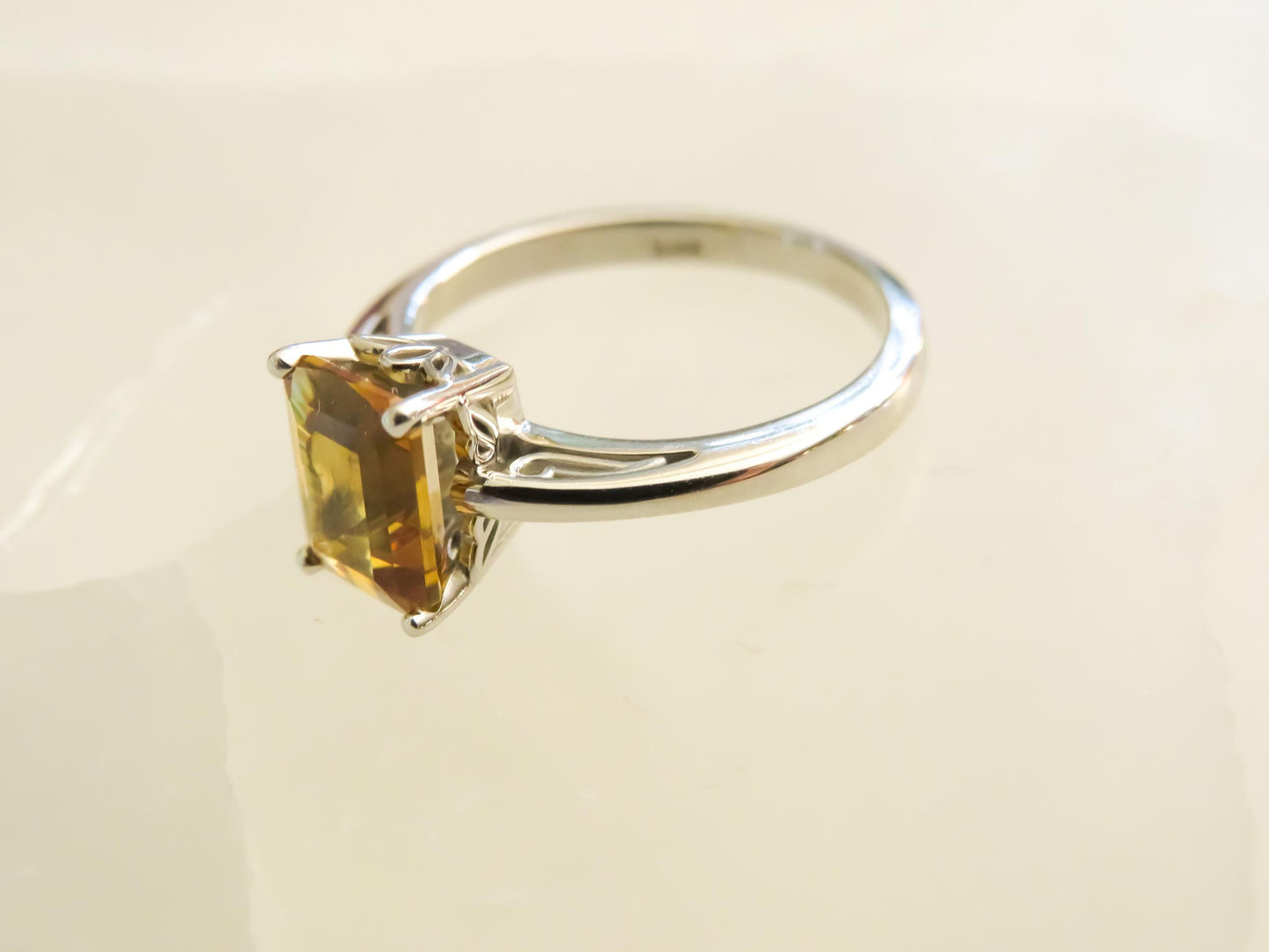 Emerald-Cut Citrine Ring in 14K White Gold  1.5 Carats, Size 6  Warm Golden Gem
