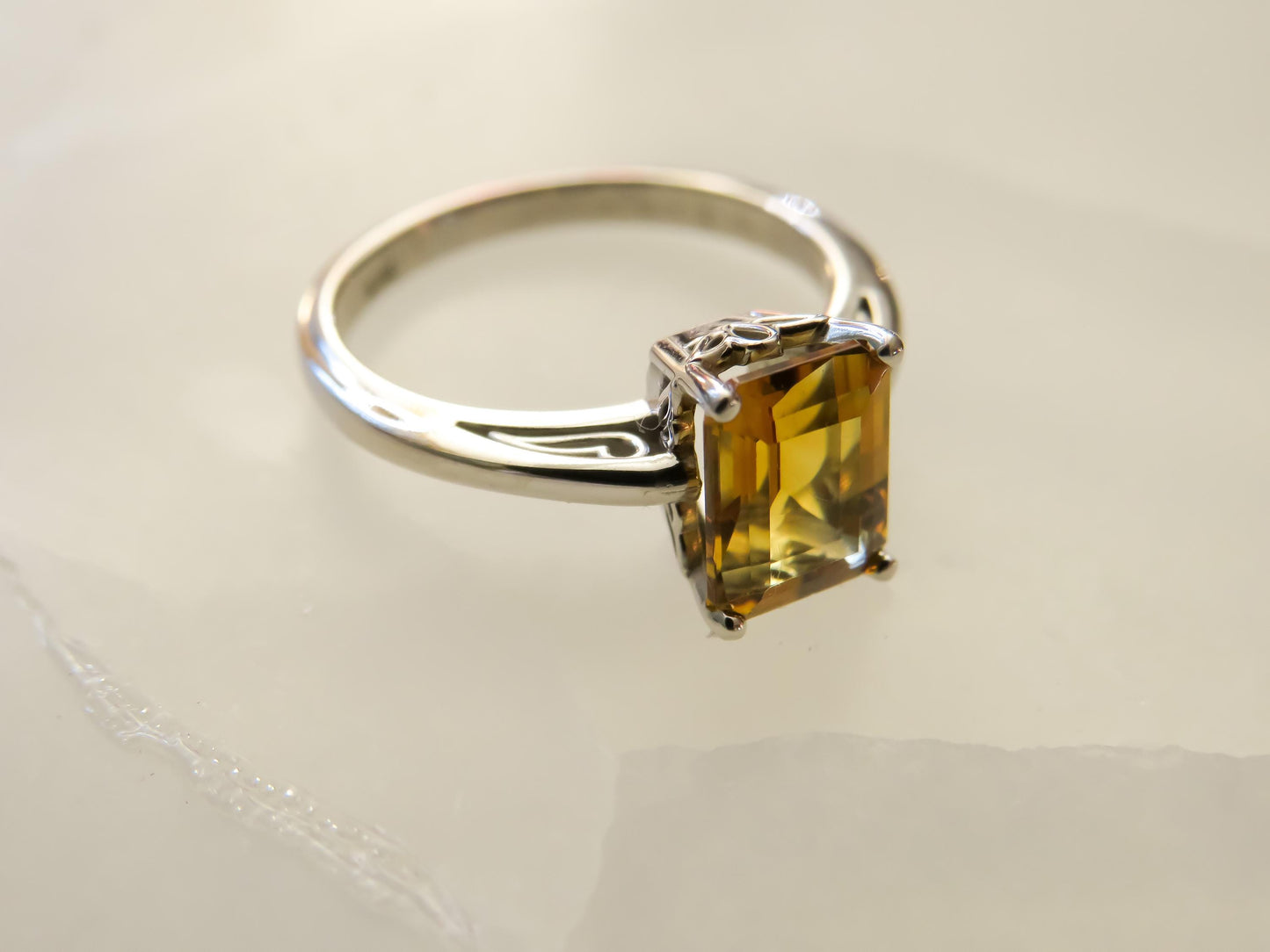 Emerald-Cut Citrine Ring in 14K White Gold  1.5 Carats, Size 6  Warm Golden Gem