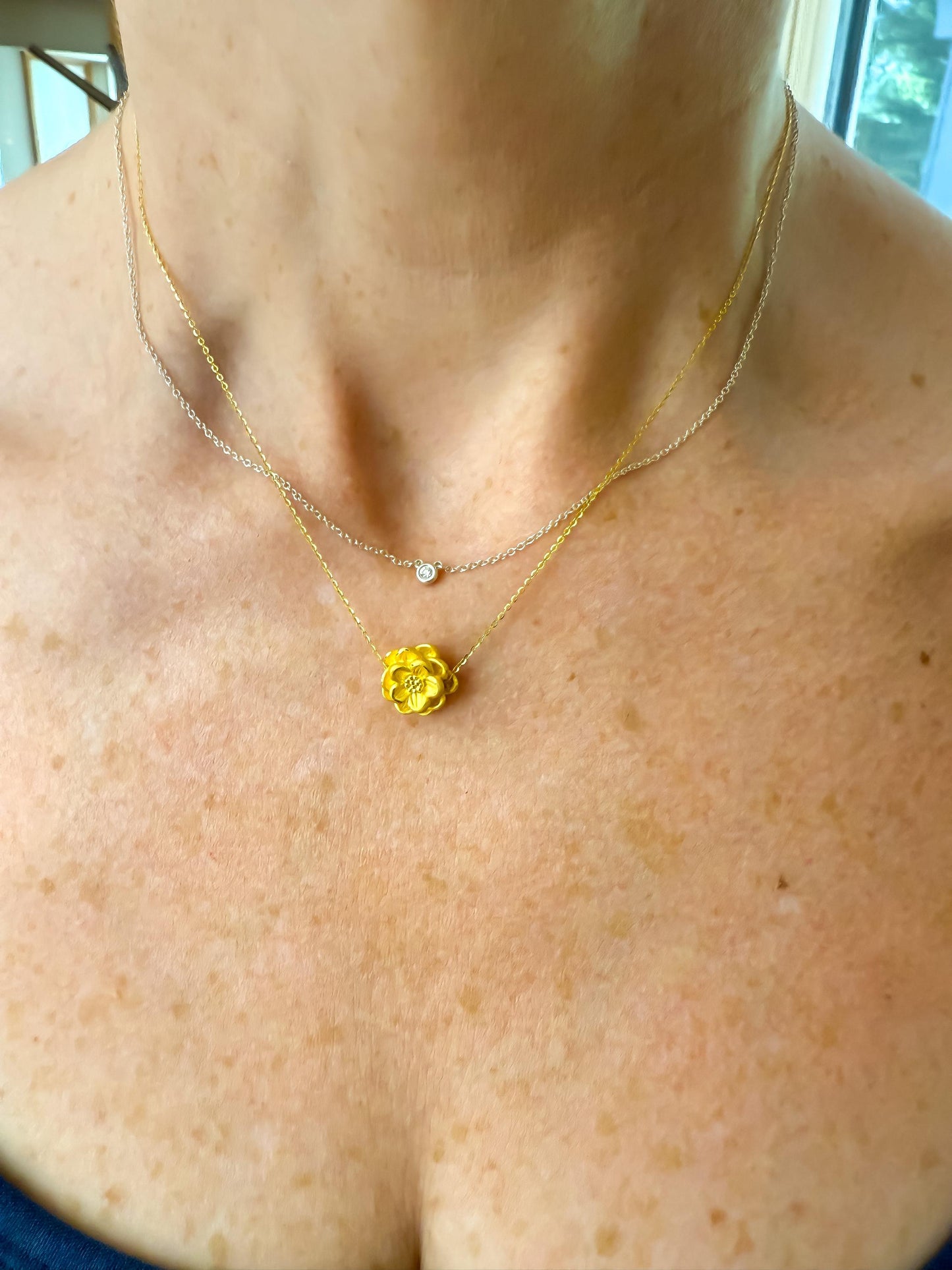 24K Solid Gold Flower Necklace  Pure ‘999 Gold Slide Pendant, 16 Inch Chain