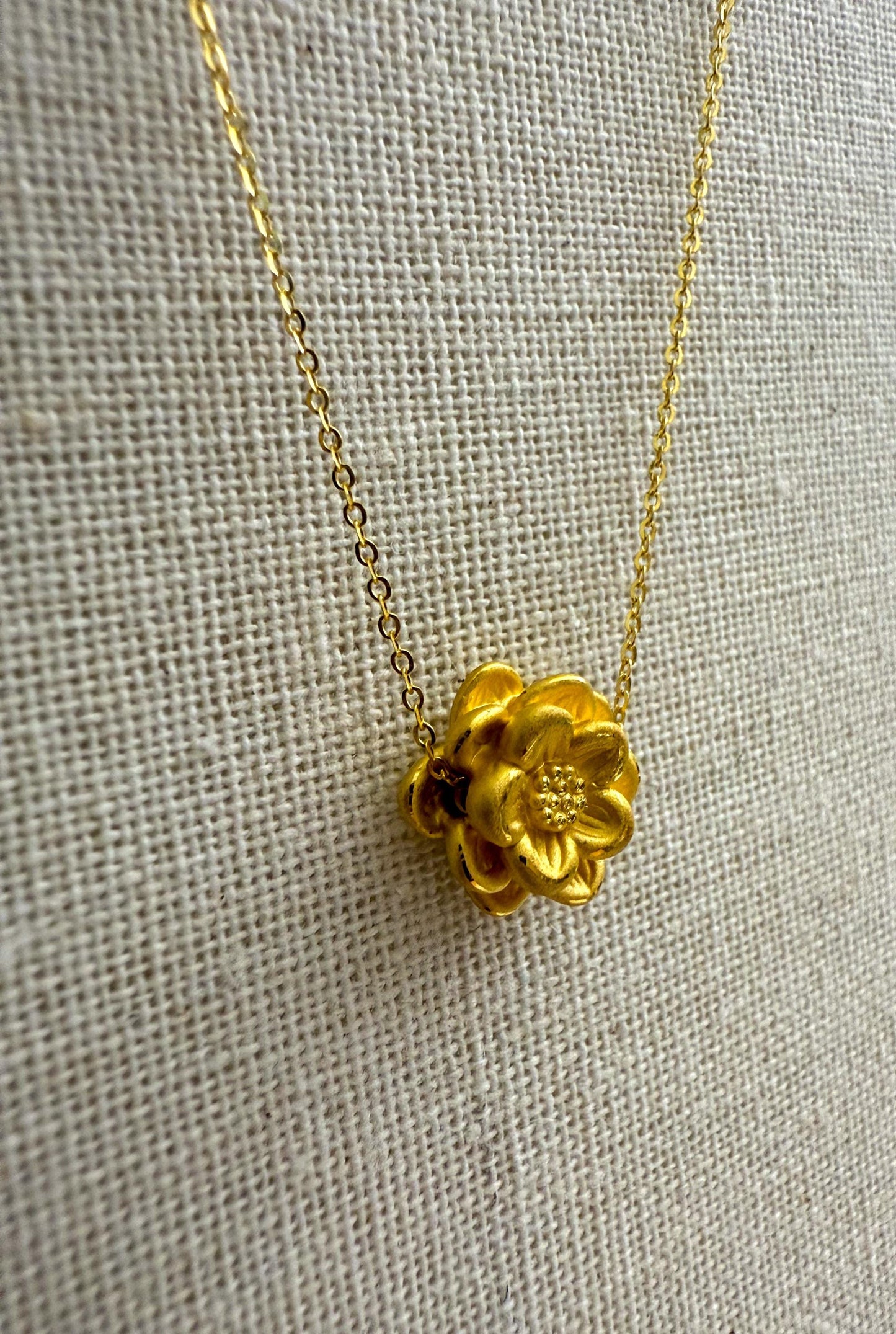 24K Solid Gold Flower Necklace  Pure ‘999 Gold Slide Pendant, 16 Inch Chain