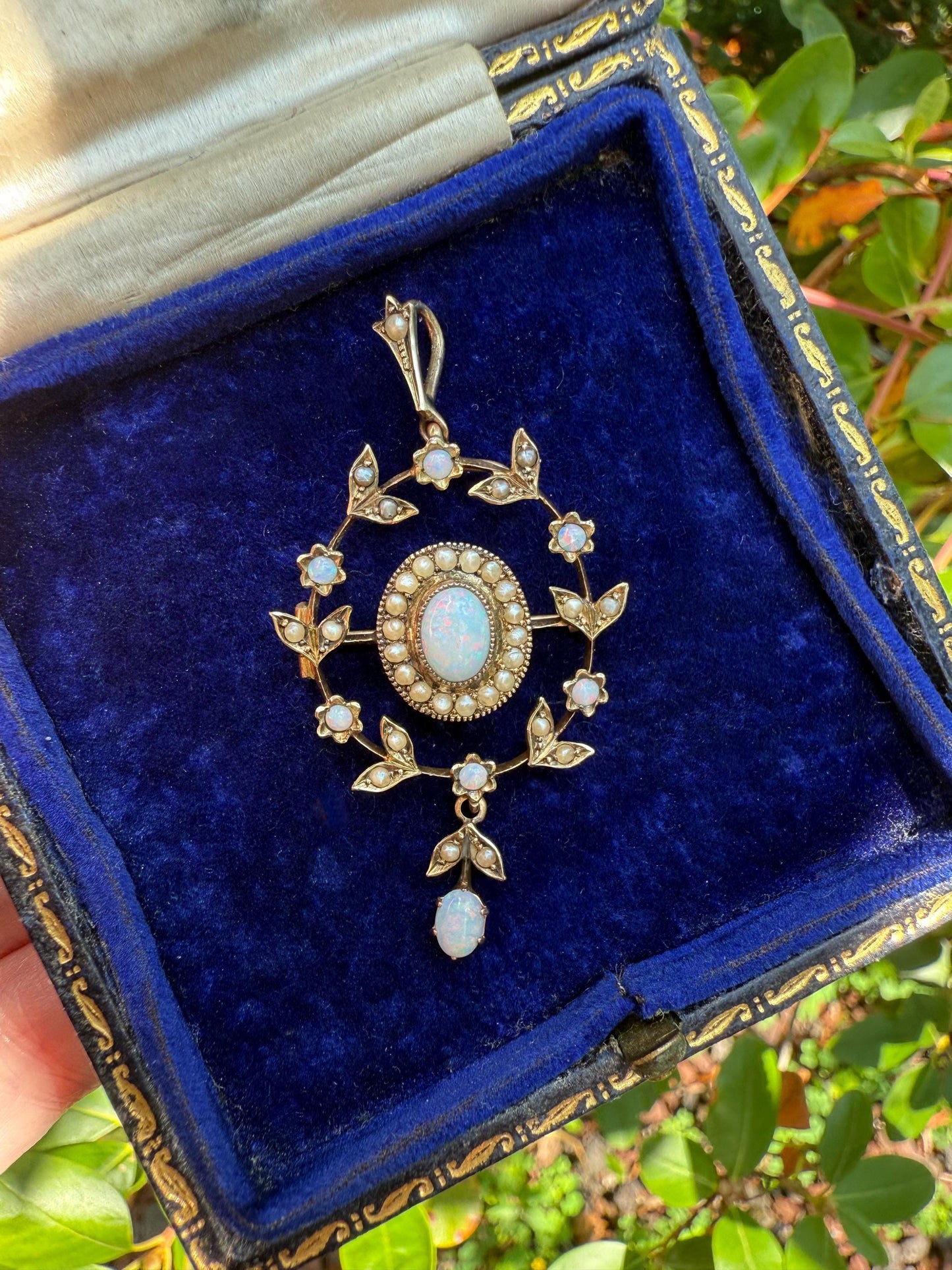 Victorian Natural Opal & Seed Pearl Pendant Brooch | Antique 14K Gold Floral Design | Convertible Brooch Pendant