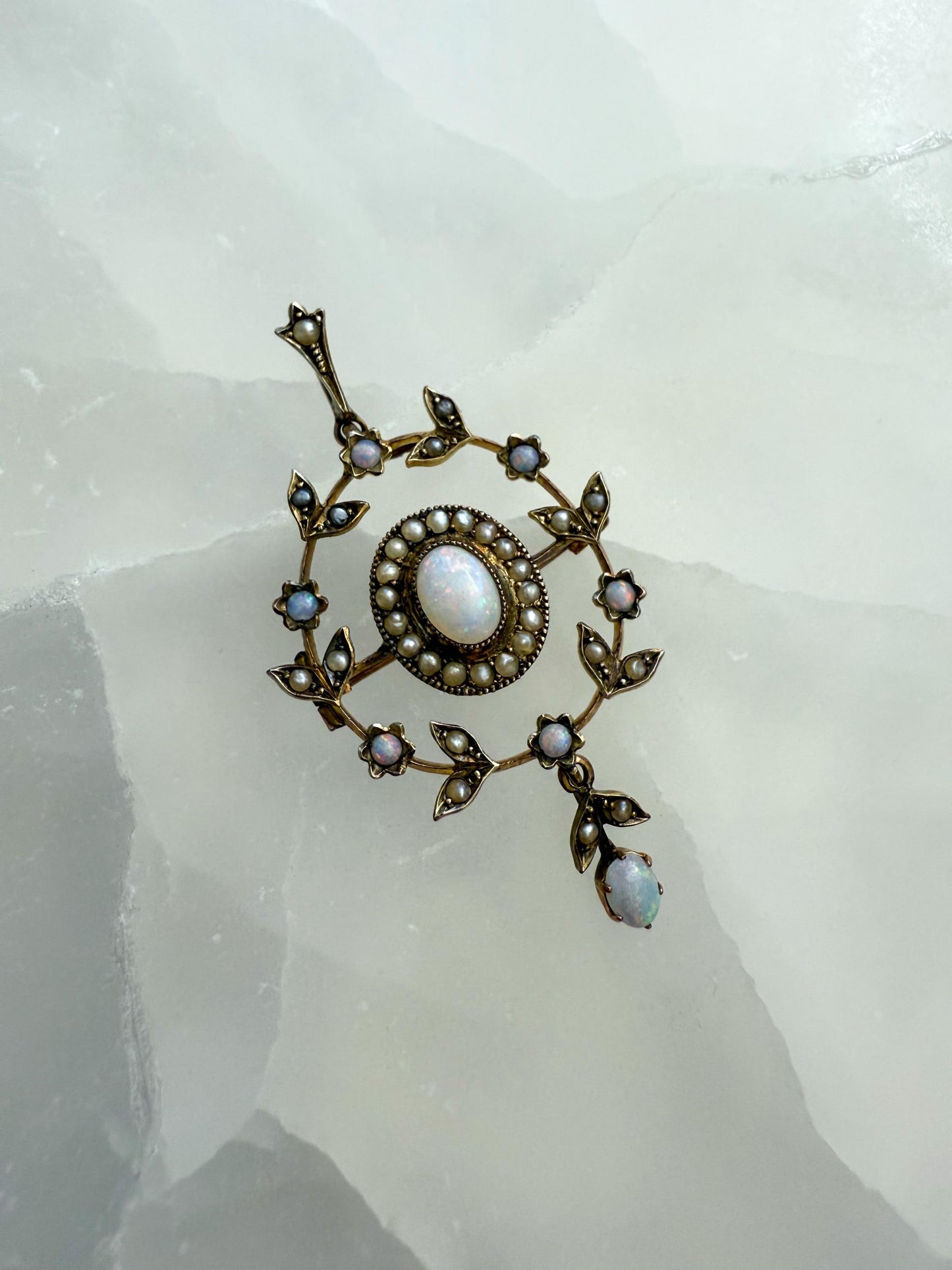 Victorian Natural Opal & Seed Pearl Pendant Brooch | Antique 14K Gold Floral Design | Convertible Brooch Pendant