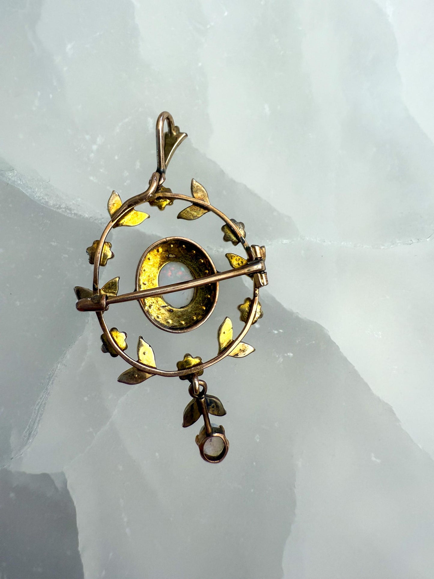 Victorian Natural Opal & Seed Pearl Pendant Brooch | Antique 14K Gold Floral Design | Convertible Brooch Pendant