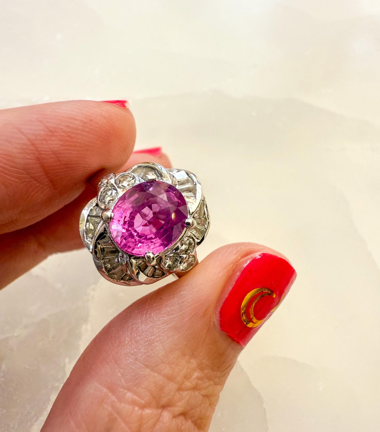 18K White Gold Pink Sapphire & Diamond Ring