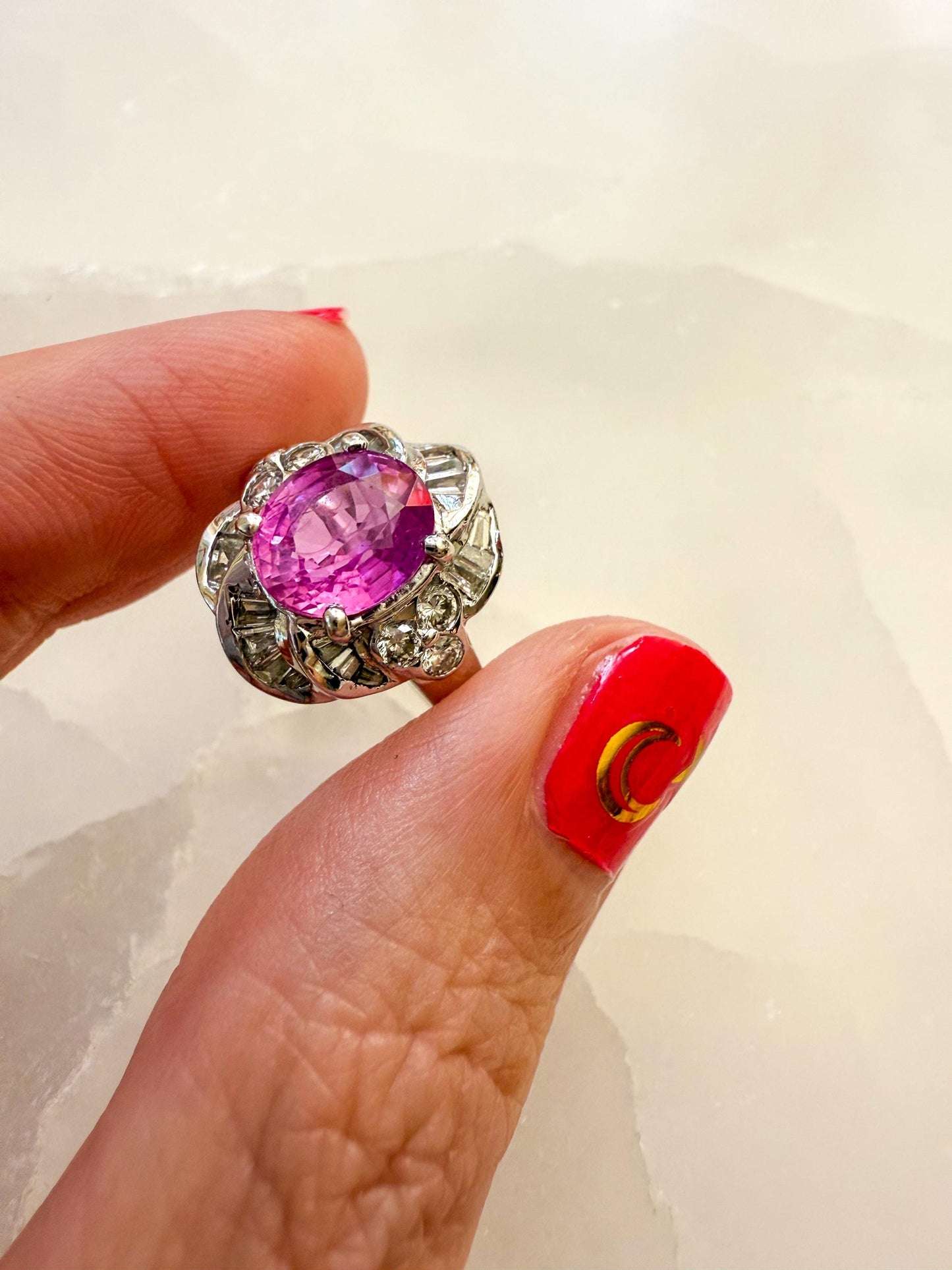 18K White Gold Pink Sapphire & Diamond Ring