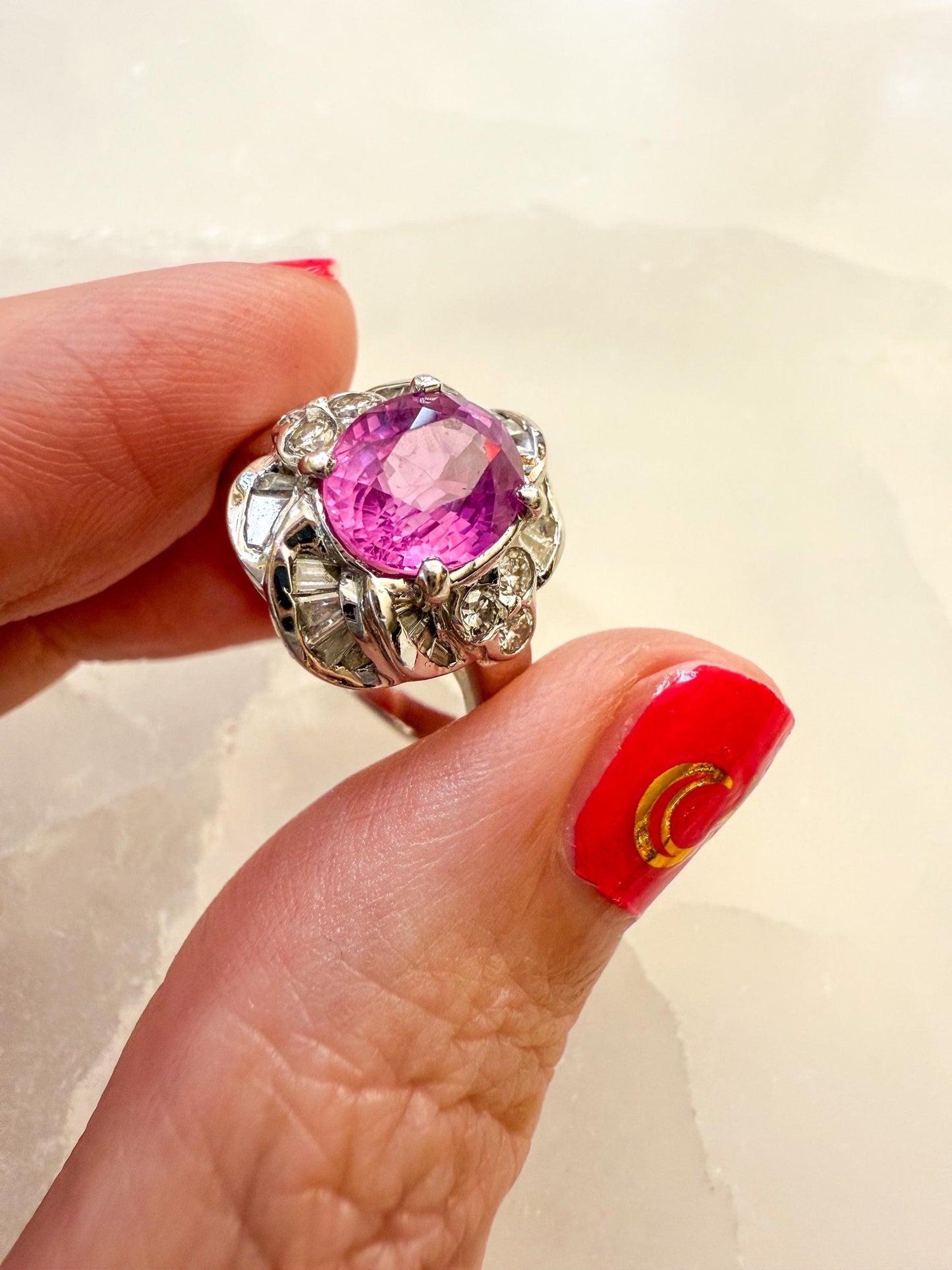 18K White Gold Pink Sapphire & Diamond Ring