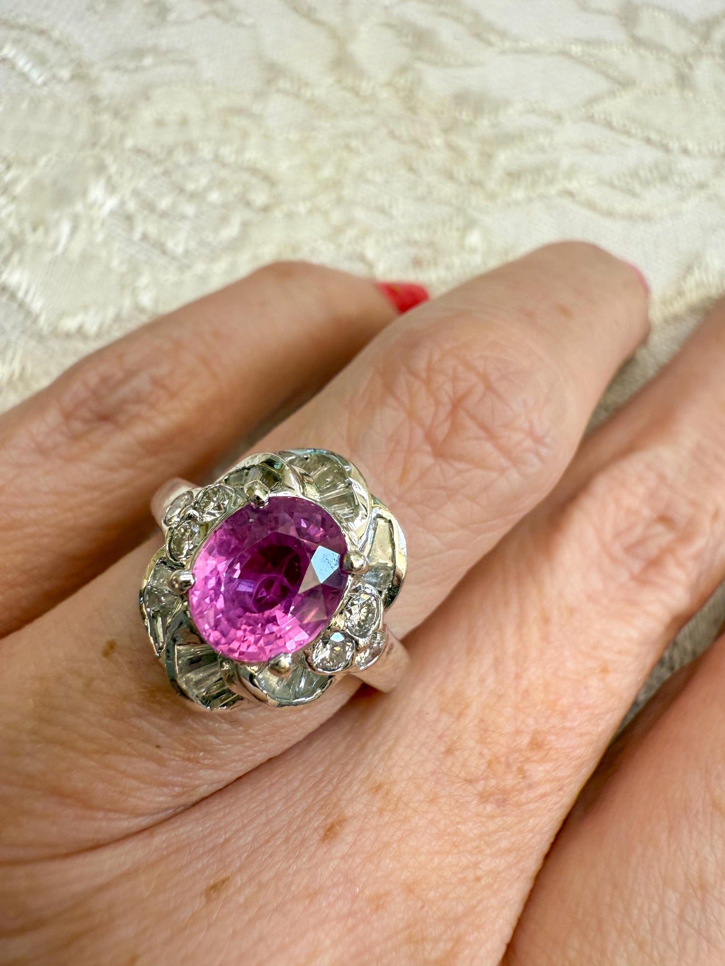 18K White Gold Pink Sapphire & Diamond Ring