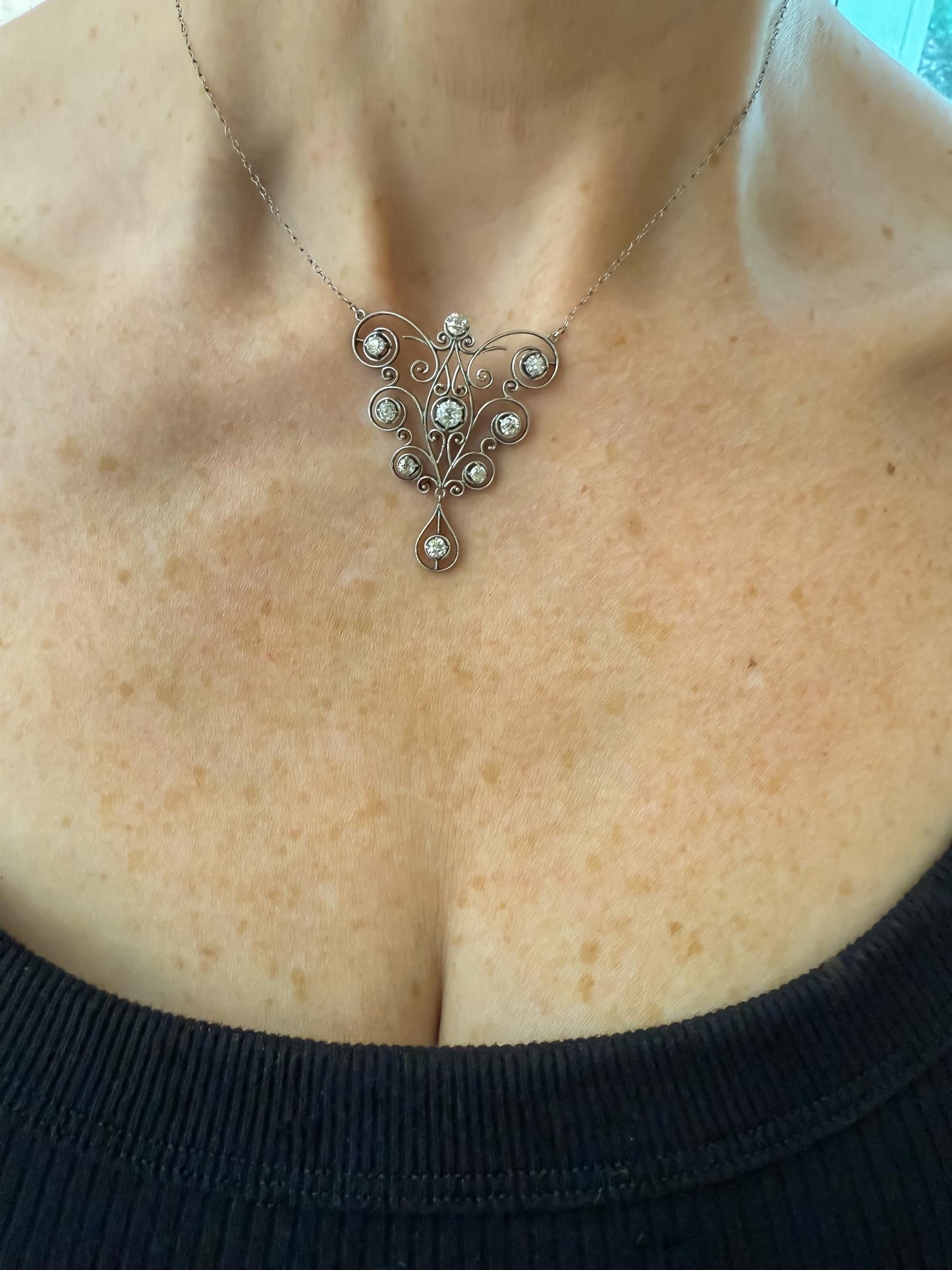 Edwardian Platinum Diamond Necklace | 2ct Old Mine & European Cuts | Antique Filigree Pendant