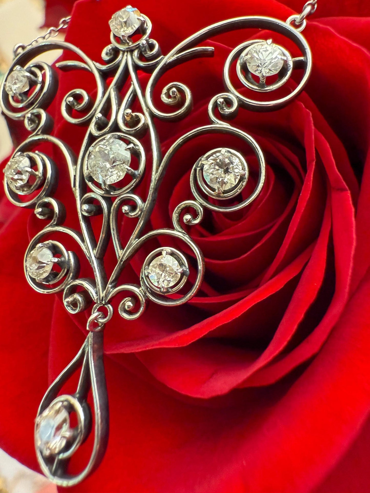 Edwardian Platinum Diamond Necklace | 2ct Old Mine & European Cuts | Antique Filigree Pendant