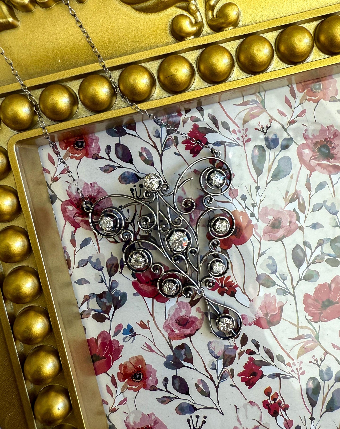 Edwardian Platinum Diamond Necklace | 2ct Old Mine & European Cuts | Antique Filigree Pendant