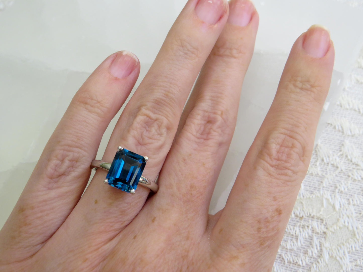 Estate 14K White Gold Ring with Emerald-Cut London Blue Topaz