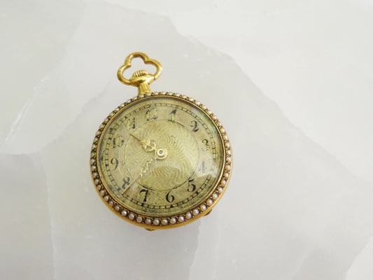 Antique French 18K Gold Pocket Watch with Guilloché Enamel & Seed Pearls  1 Inch Round, 16.76g