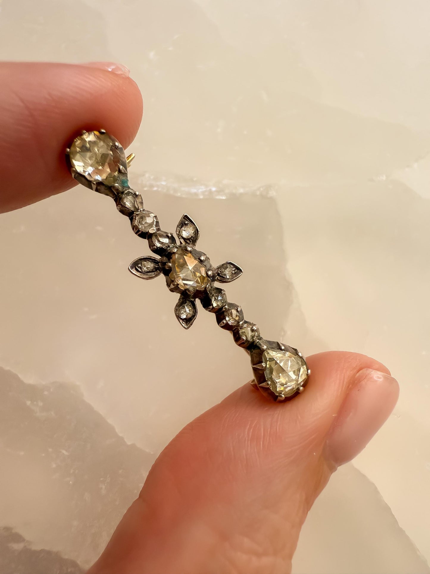 Antique Rose Cut Diamond Brooch in Silver & 18K Gold | Georgian to Early Victorian Era | Convertible Chain Extender or Pendant
