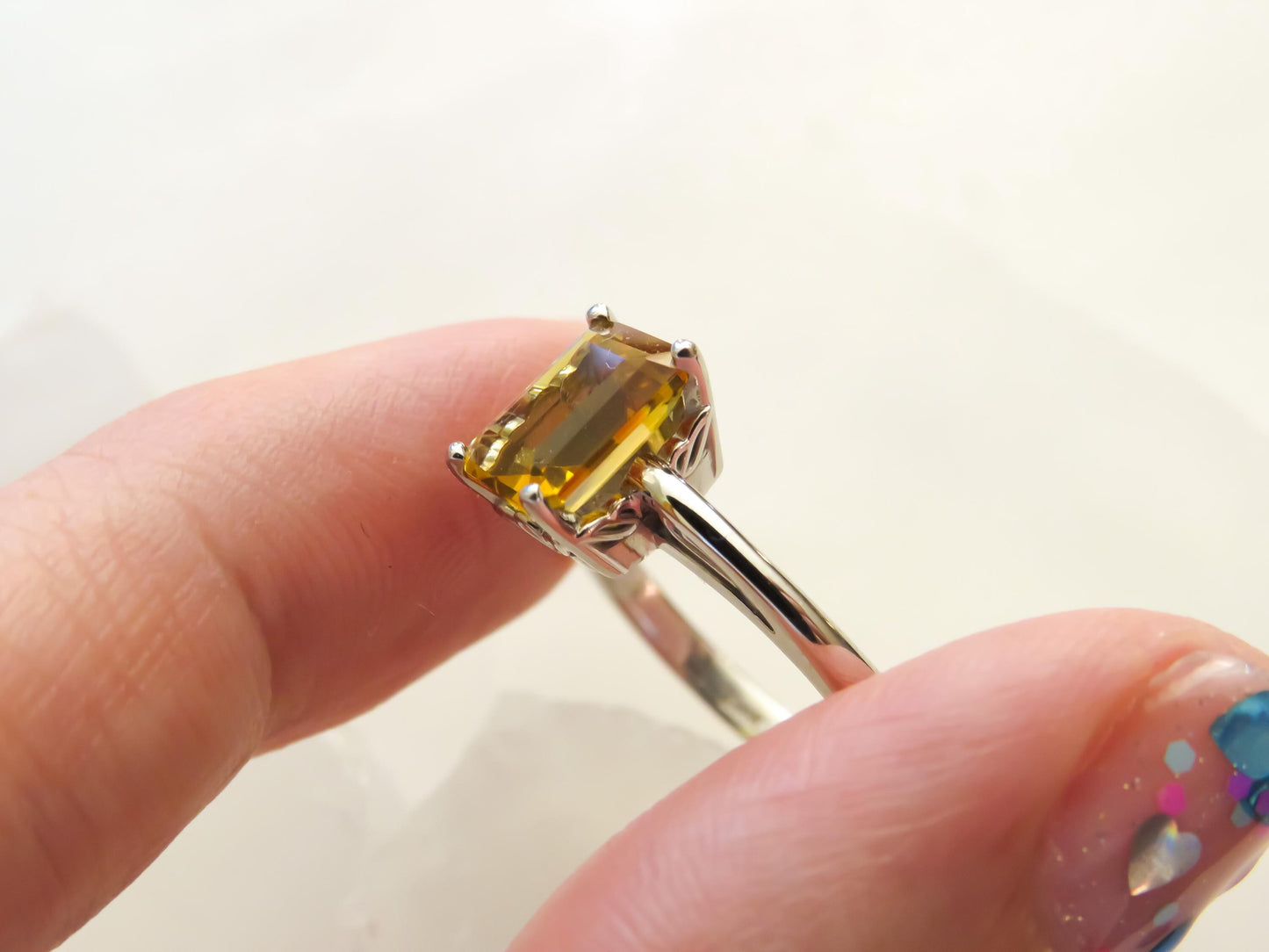 Emerald-Cut Citrine Ring in 14K White Gold  1.5 Carats, Size 6  Warm Golden Gem