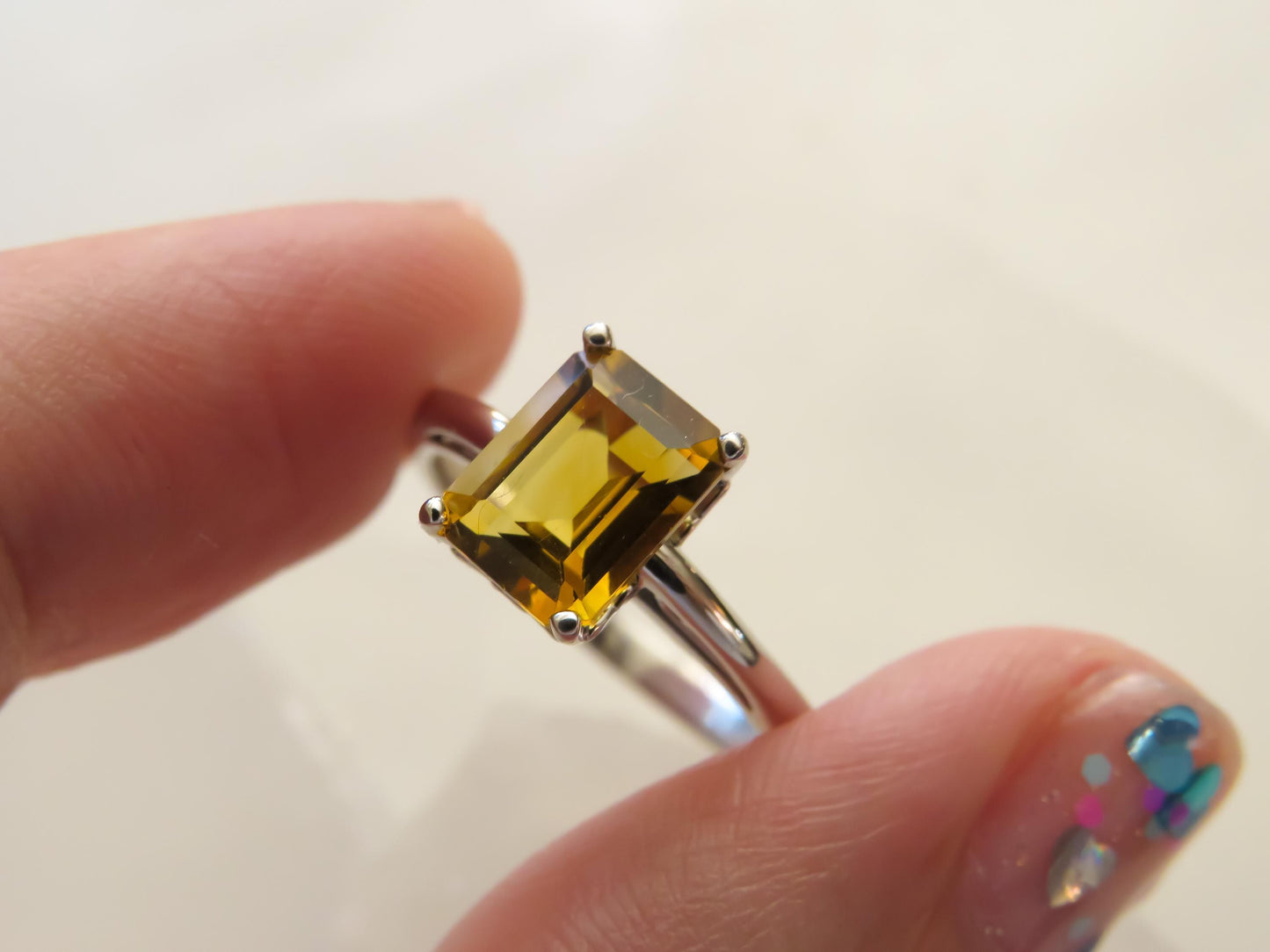 Emerald-Cut Citrine Ring in 14K White Gold  1.5 Carats, Size 6  Warm Golden Gem