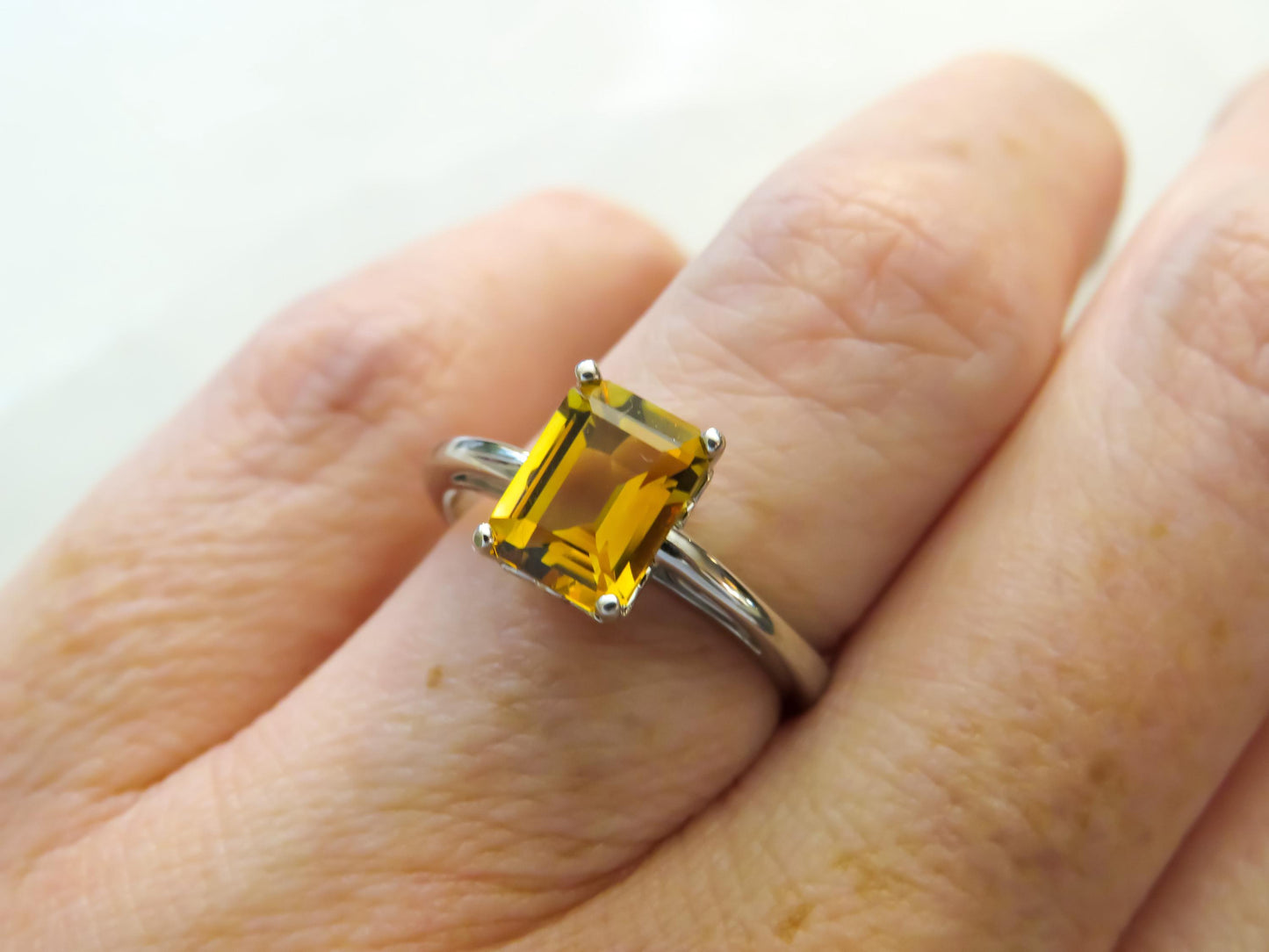 Emerald-Cut Citrine Ring in 14K White Gold  1.5 Carats, Size 6  Warm Golden Gem