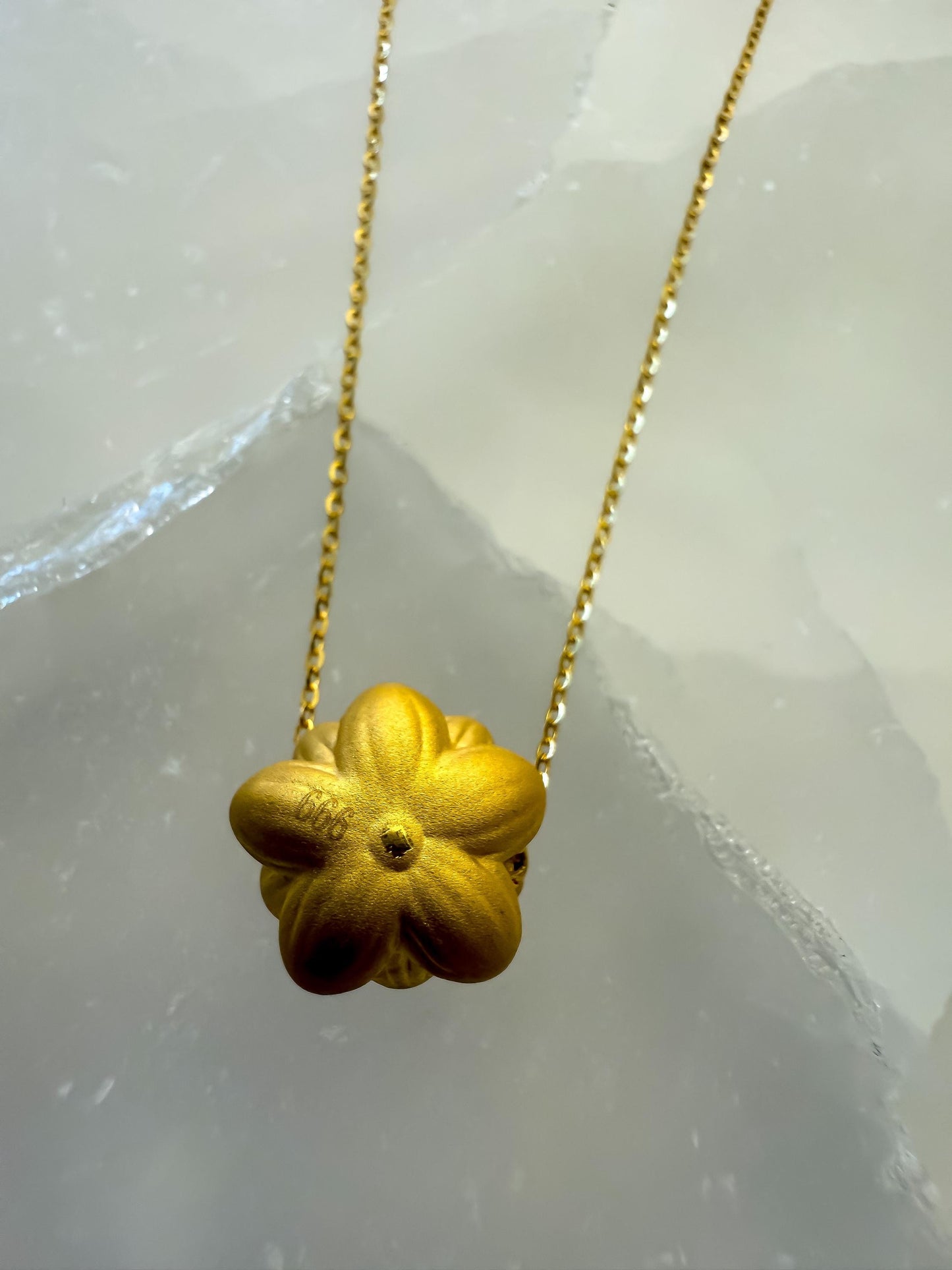 24K Solid Gold Flower Necklace  Pure ‘999 Gold Slide Pendant, 16 Inch Chain