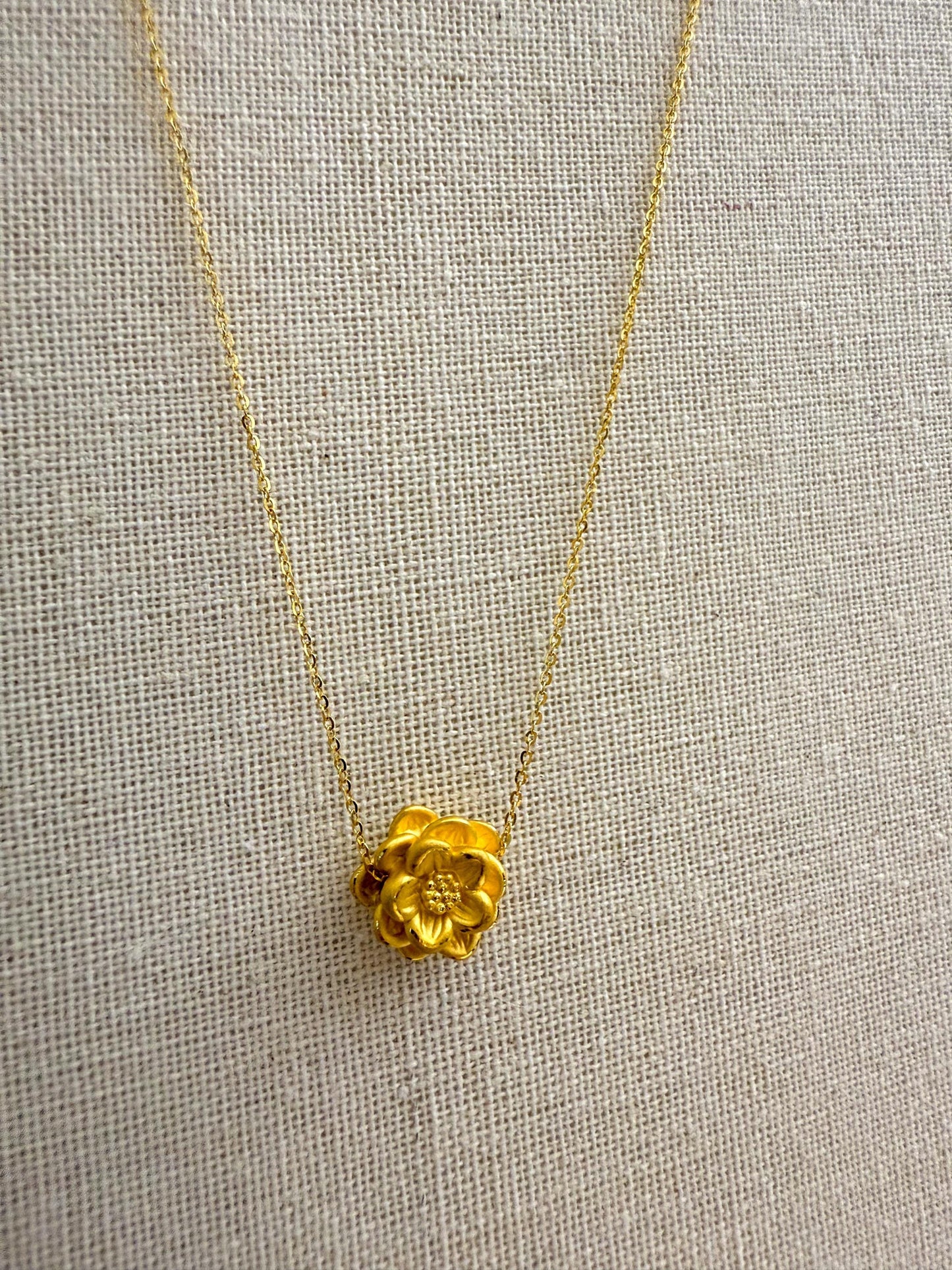 24K Solid Gold Flower Necklace  Pure ‘999 Gold Slide Pendant, 16 Inch Chain
