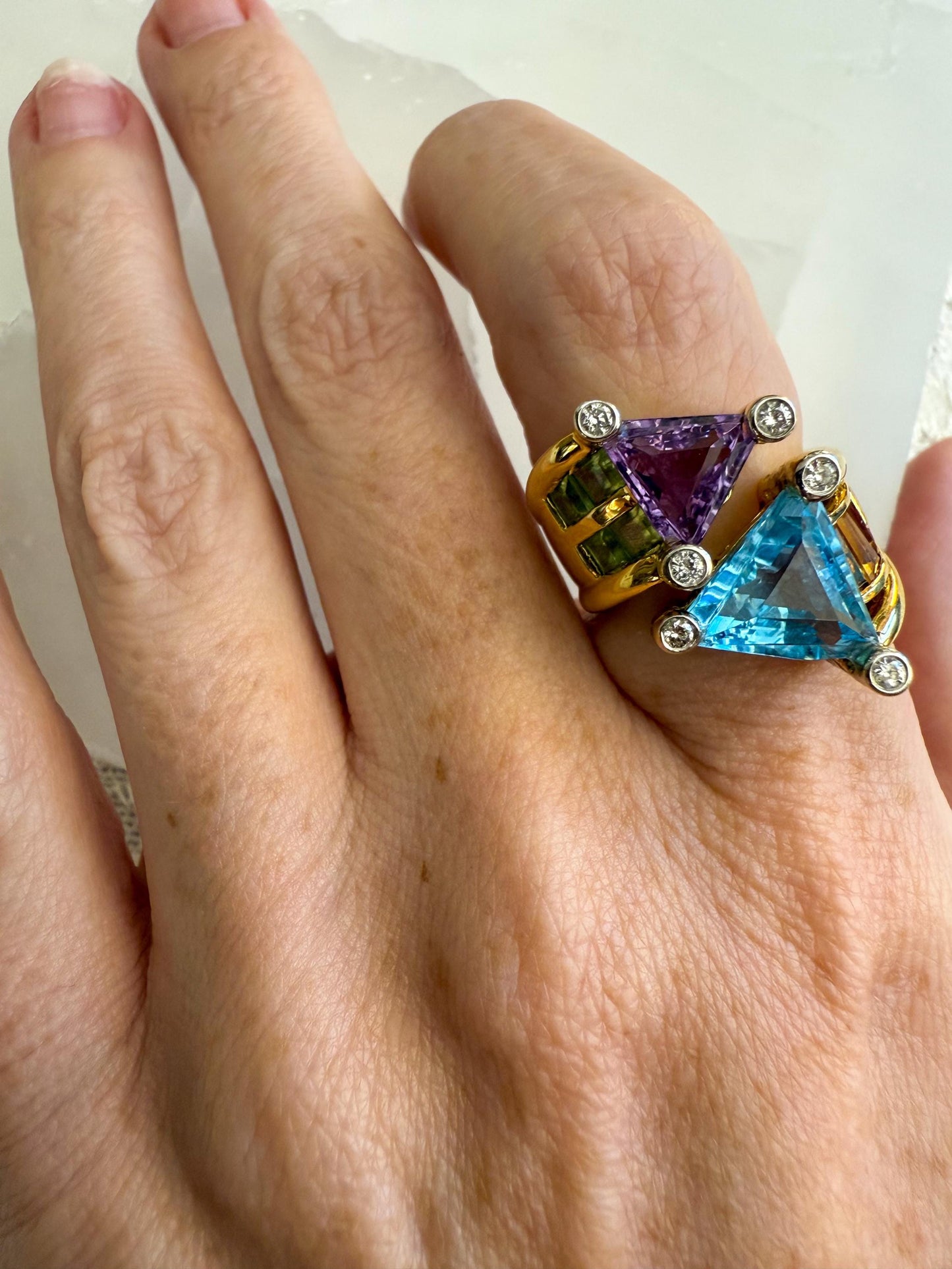 Vintage 18K Gold Multi-Gemstone Cocktail Ring with Diamond Accents